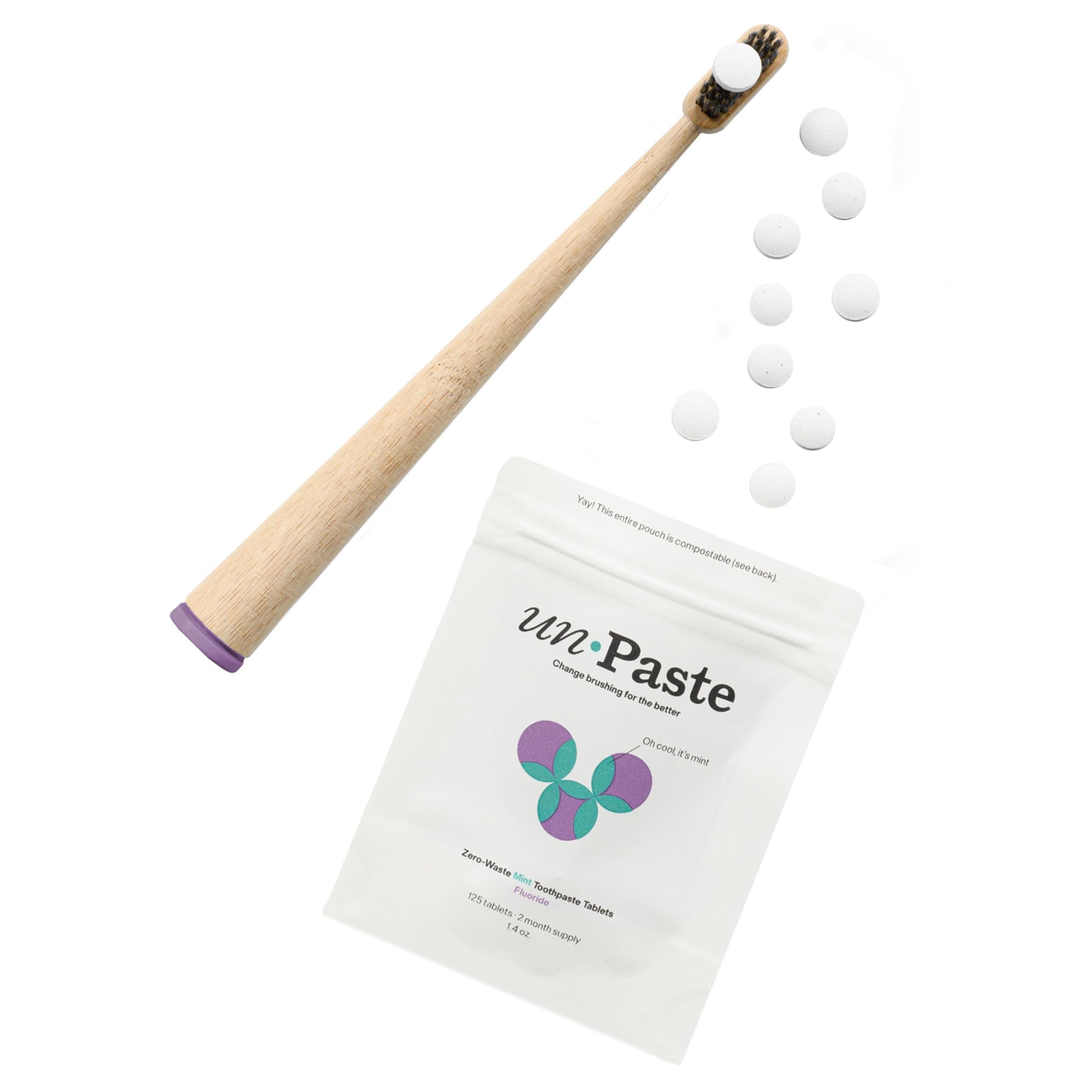 Unpaste toothpaste tablets mint-vanilla flavor enhances the brushing experience.