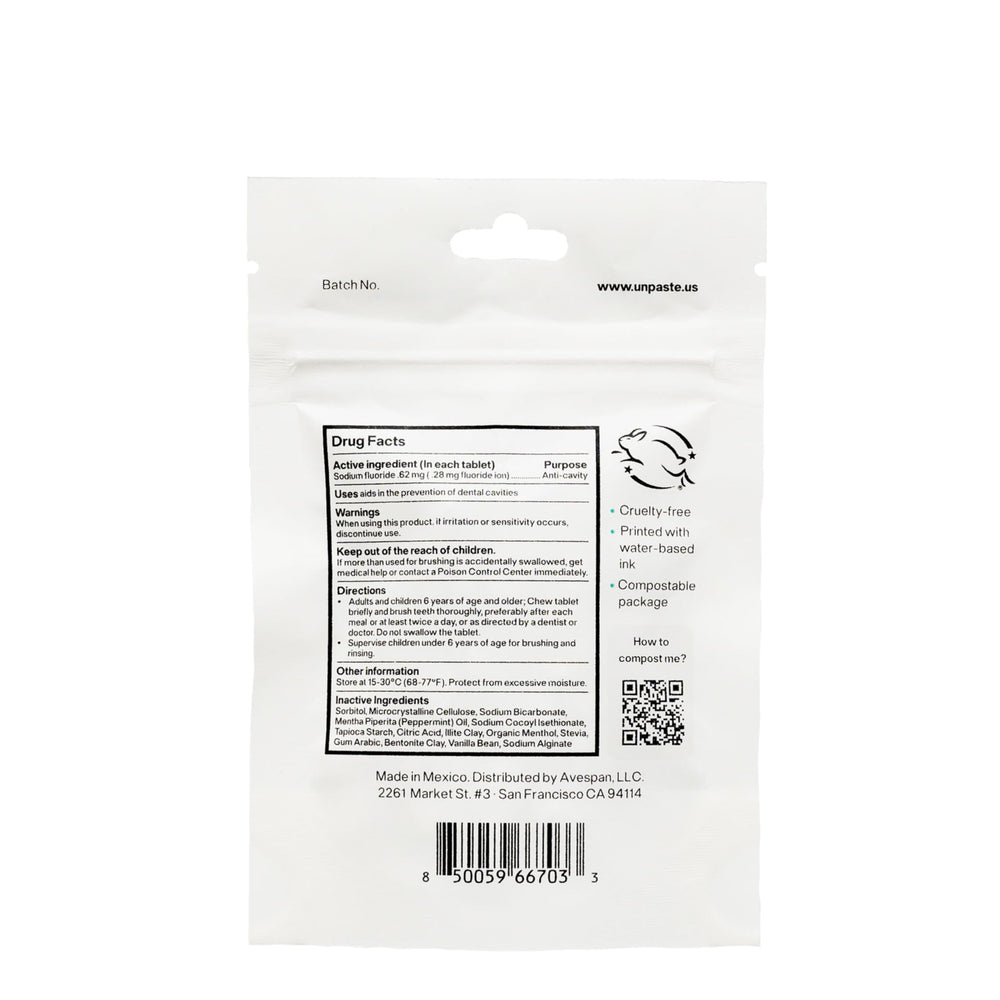 Unpaste toothpaste tablets mint-vanilla aroma provides refreshing balance during brushing.