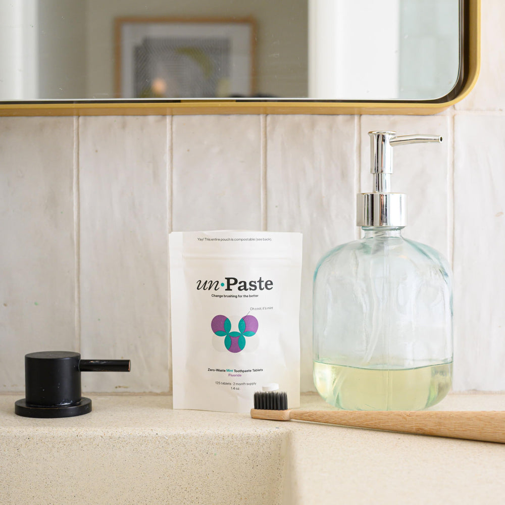 Unpaste toothpaste tablets gently polish teeth to support a smooth brushing feel.