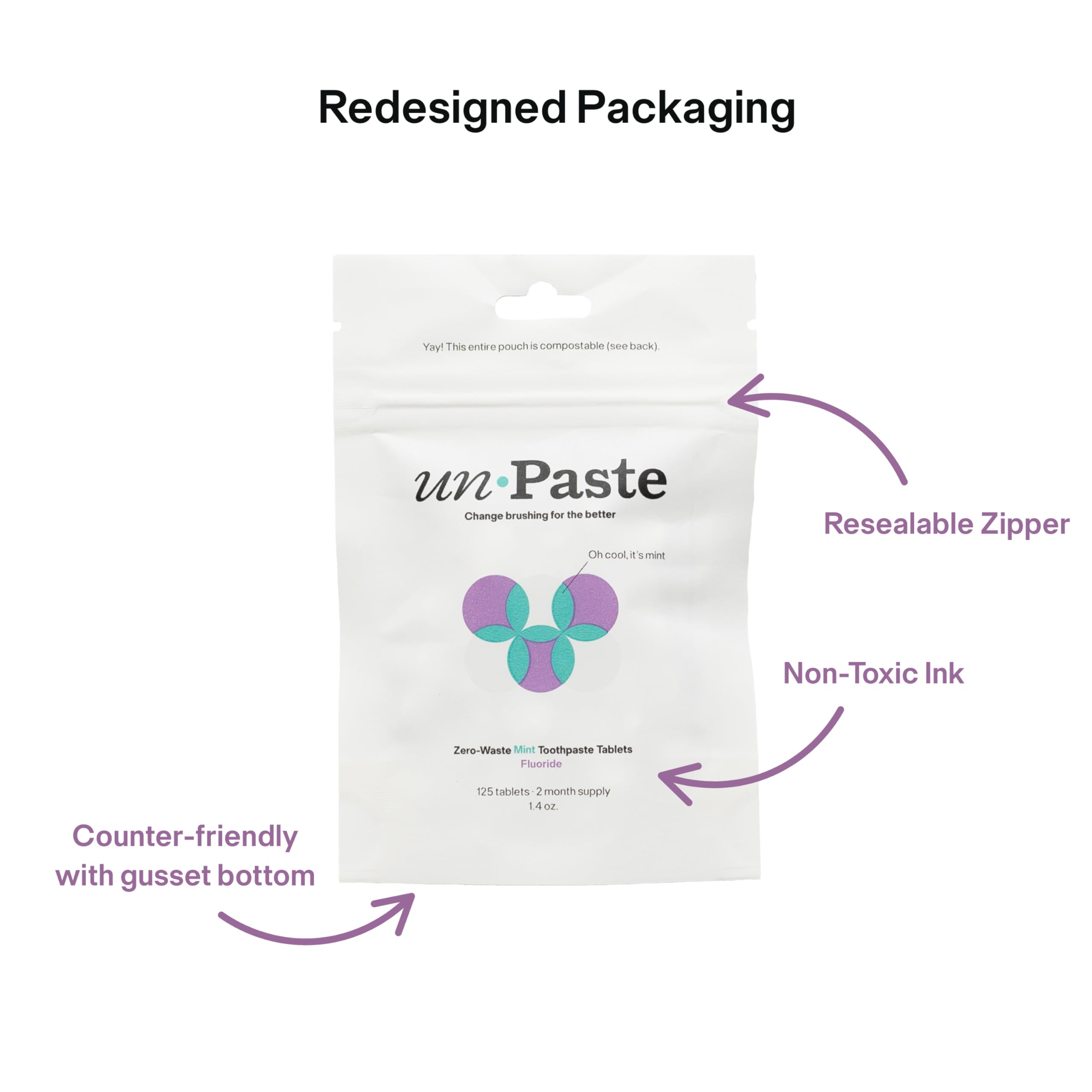 Unpaste toothpaste tablets resealable packet preserves freshness between uses.