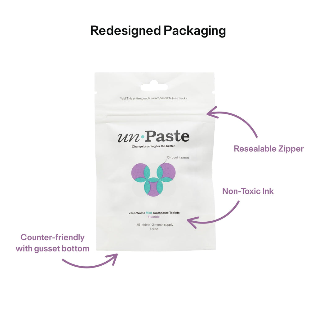 Unpaste toothpaste tablets resealable packet preserves freshness between uses.