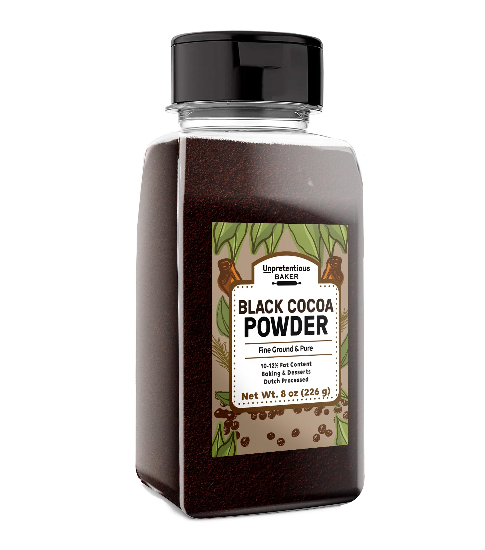 Unpretentious packaging for Black Cocoa Powder on shelf, premium Dutch-processed quality.