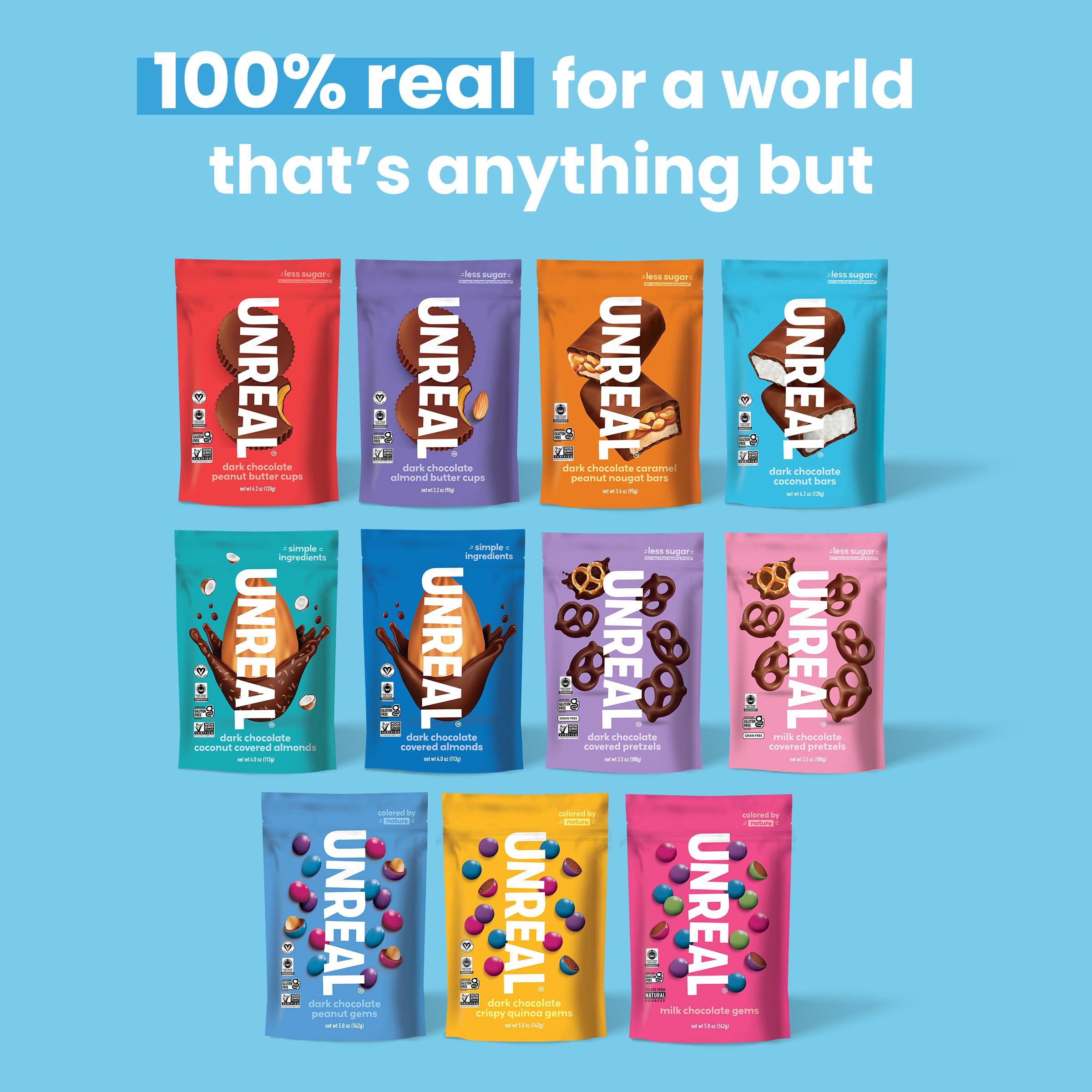 UNREAL packaging emphasizes sustainable, fair trade commitments and quality.