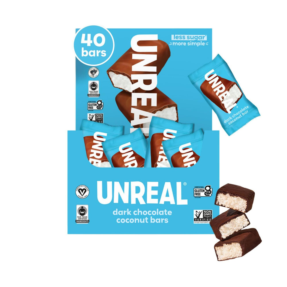 UNREAL dark chocolate coconut bars in a pack for easy, portion-controlled snacking