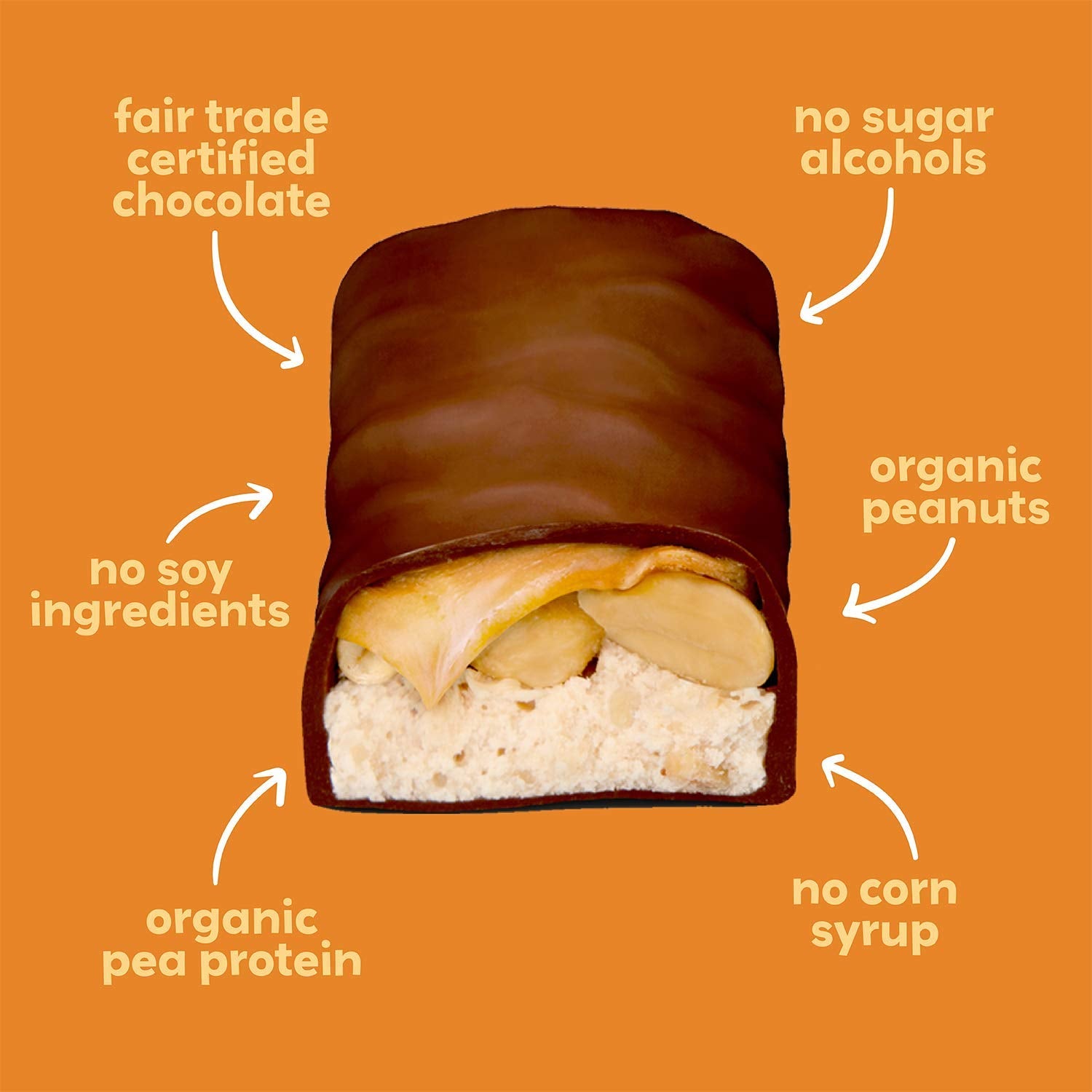 Cross-section of UNREAL bar with chocolate, nougat, caramel, and peanuts for rich texture.