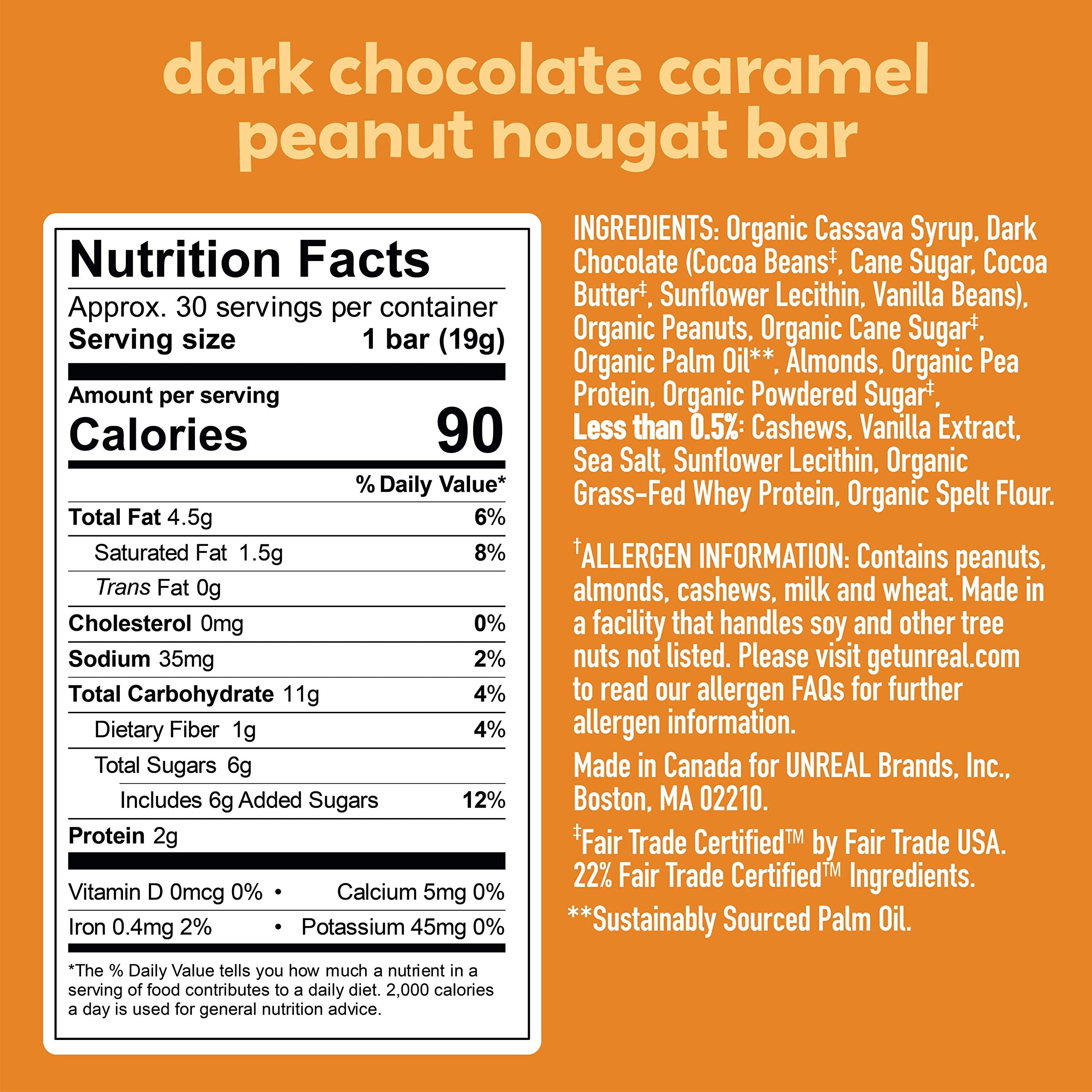 UNREAL dark chocolate peanut caramel nougat bar, individually wrapped for convenient on-the-go snacking.