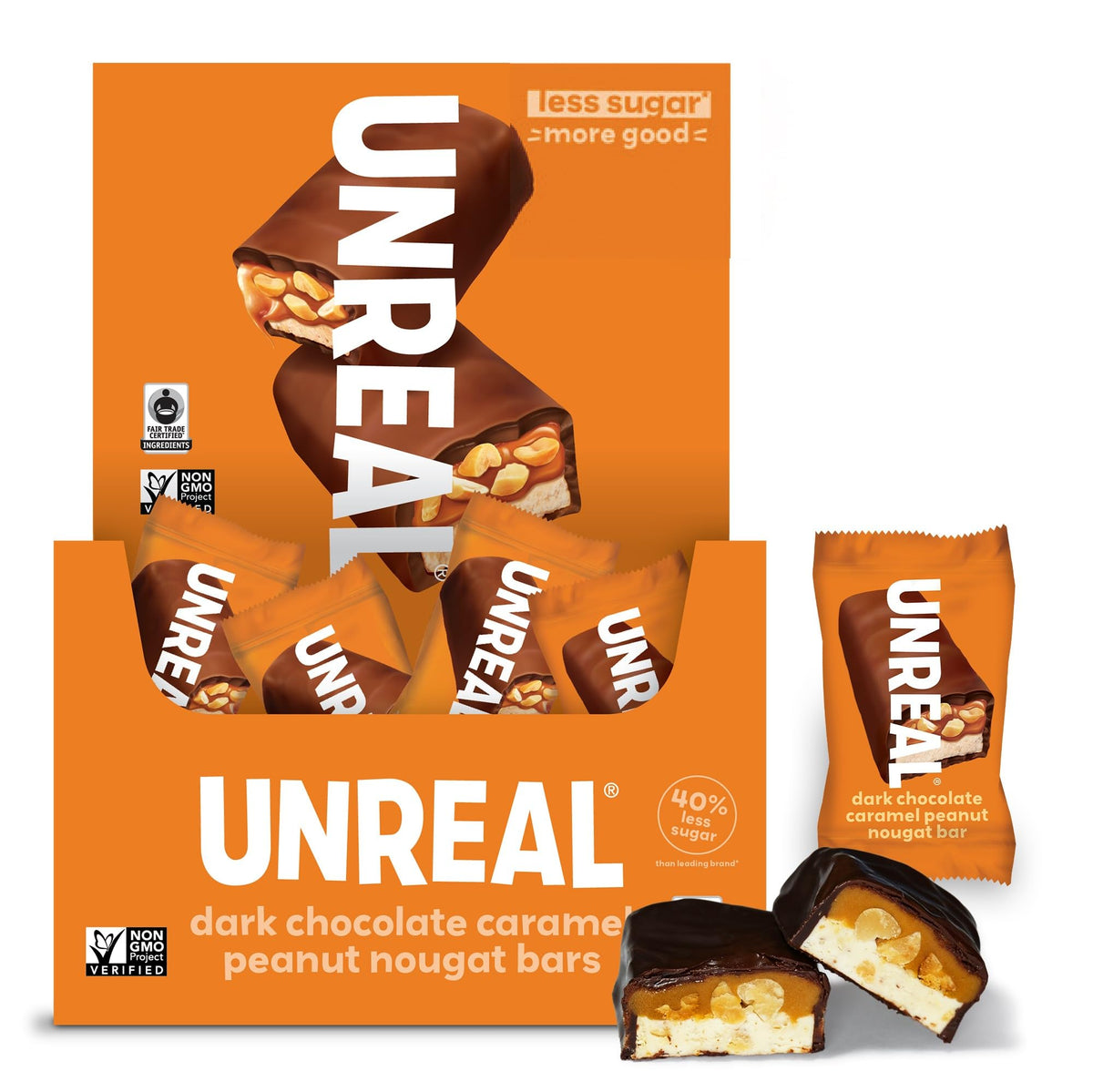 UNREAL dark chocolate peanut caramel nougat bars box, ready for snacks and lunch boxes.