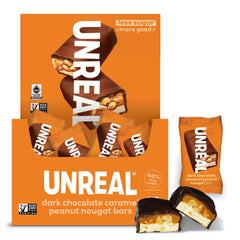 UNREAL dark chocolate peanut caramel nougat bars box, ready for snacks and lunch boxes.