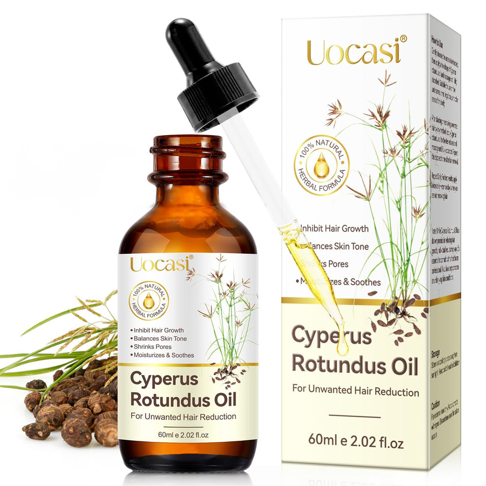 Uocasi Cyperus Rotundus Oil bottle close-up highlighting post-removal care.