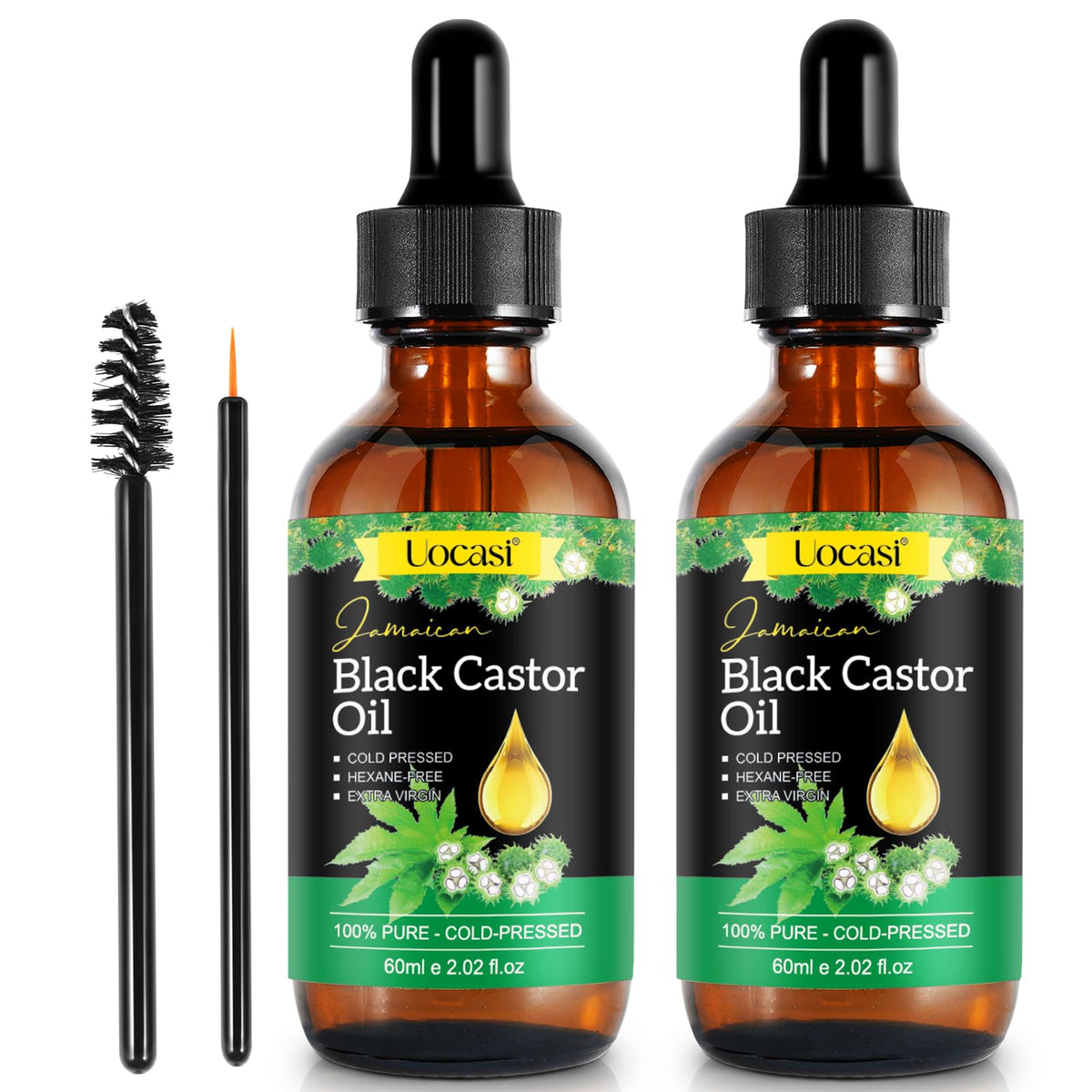 Uocasi Jamaican Black Castor Oil bottle close-up highlighting purity for hair growth support