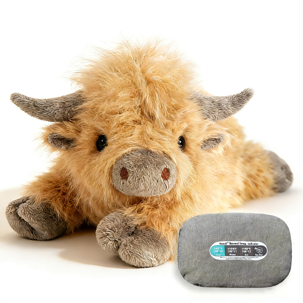 Uoozii Highland Cow weighted plush full body portrait highlighting size and heft for hugs