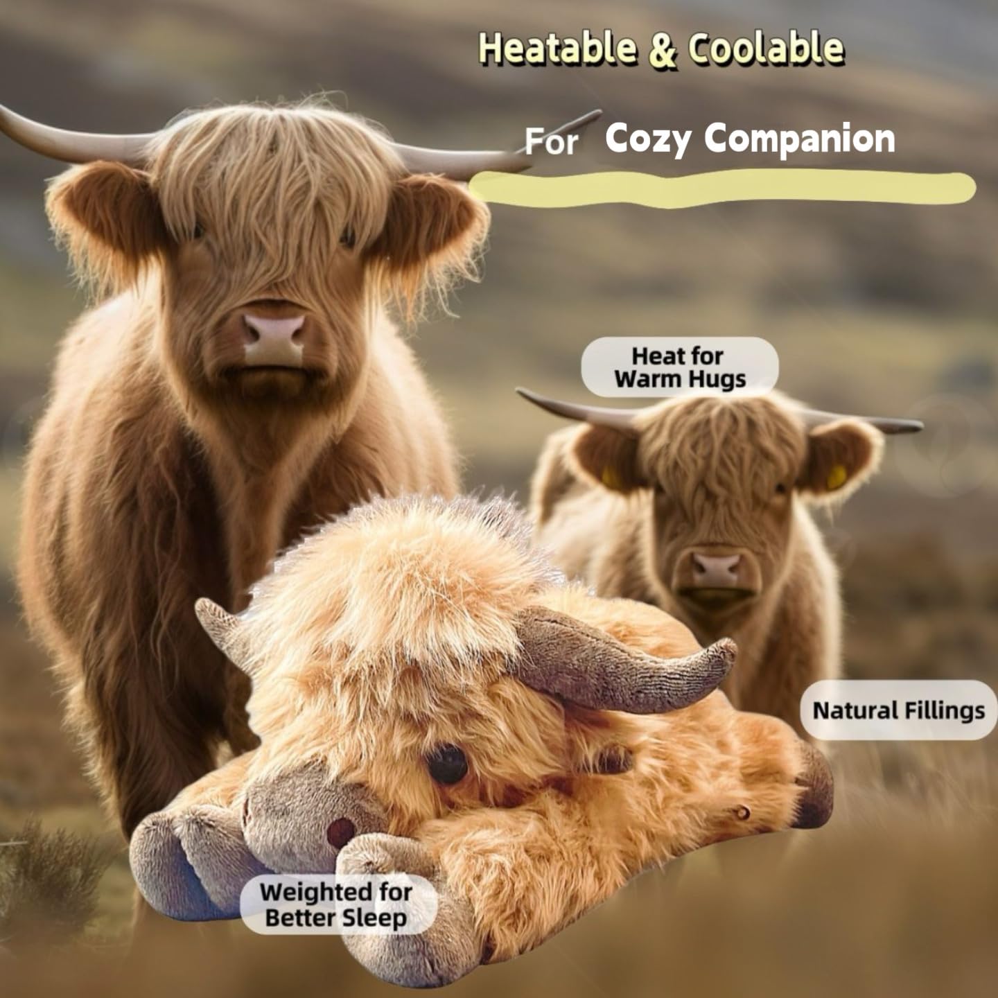 Uoozii Highland Cow plush with freezer-friendly chill pack for refreshing coolness