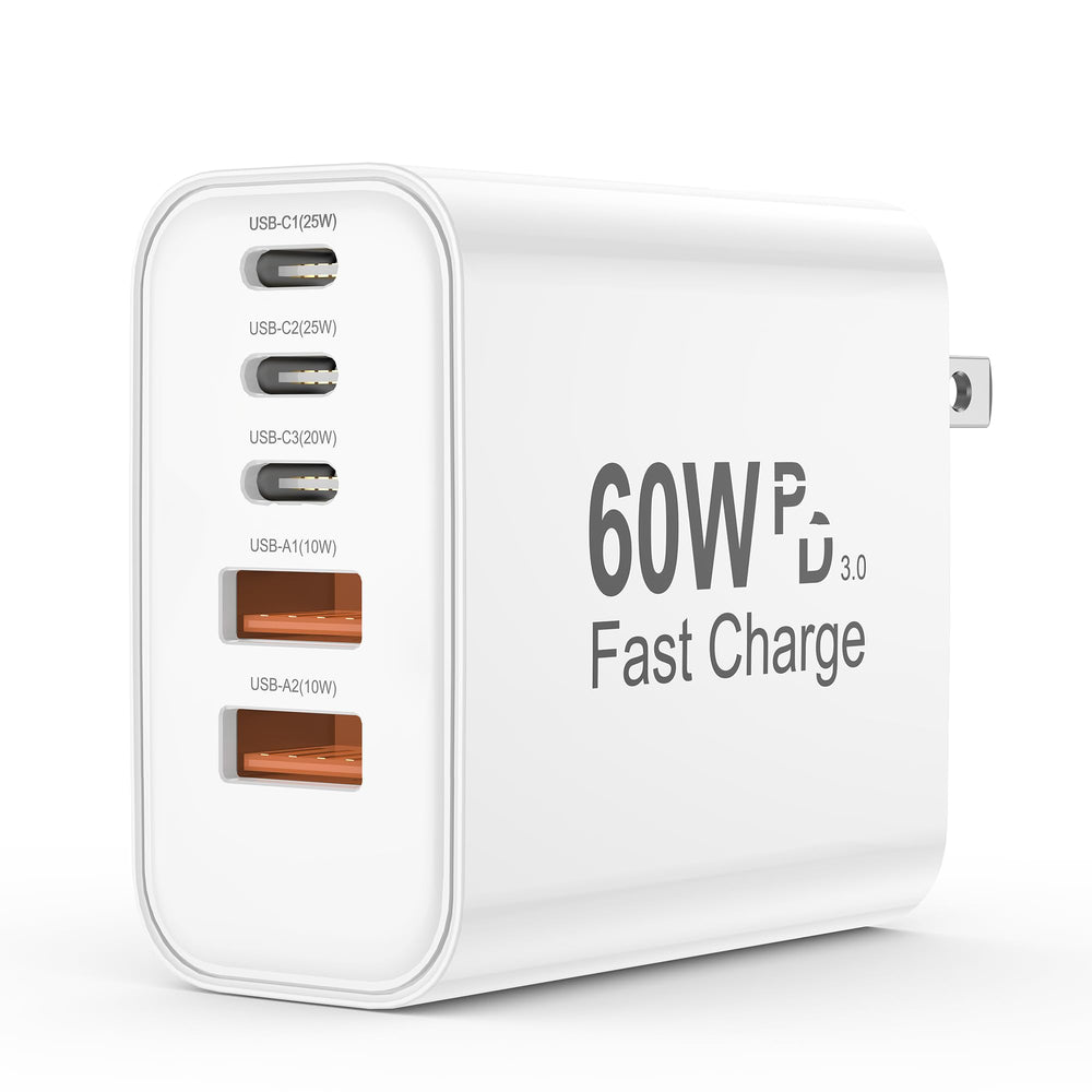 Uoyssimi USB-C charger block front view showing compact design and 60W capability for fast charging.