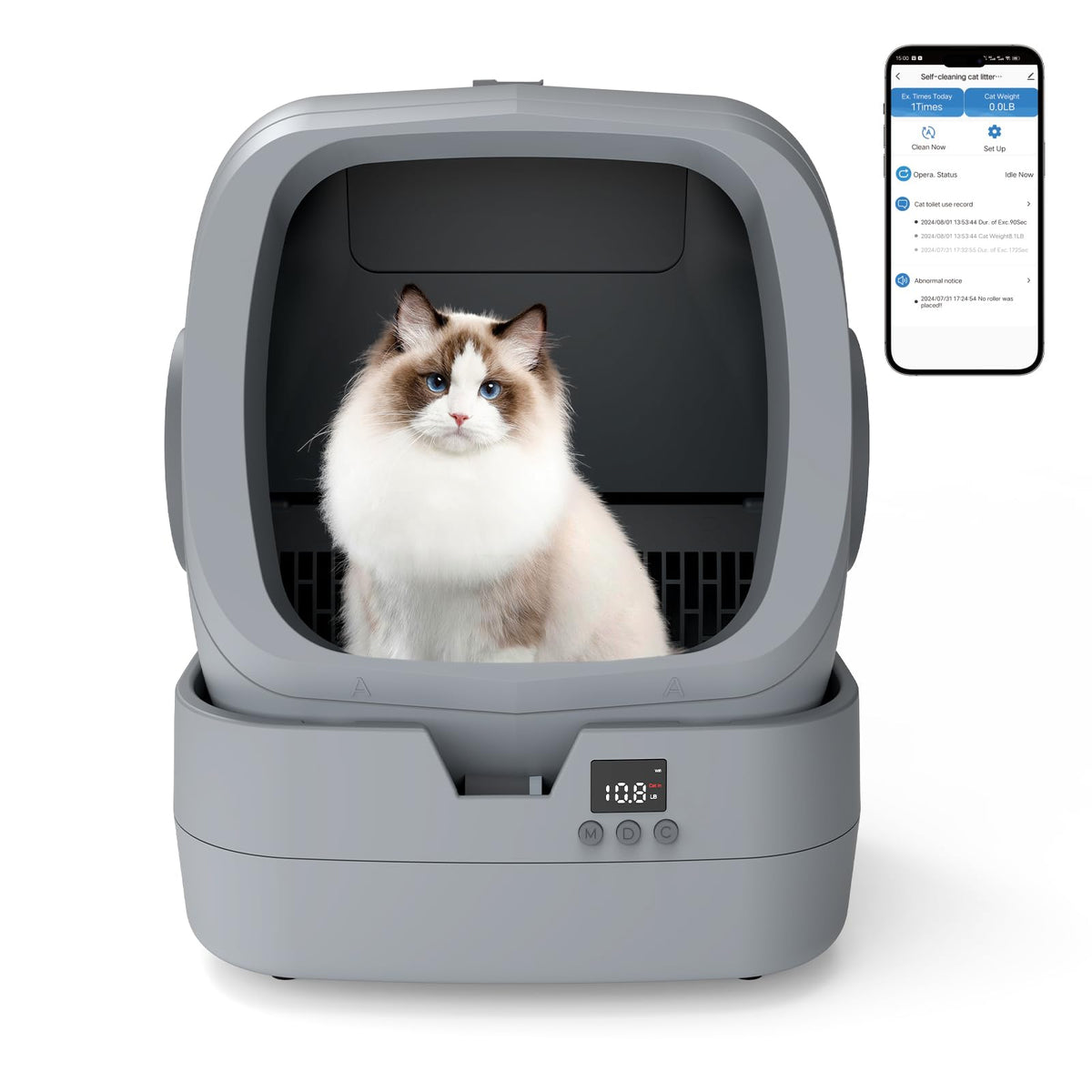 UPFAS auto cat litter box assembly view showing quick setup and clear instructions.