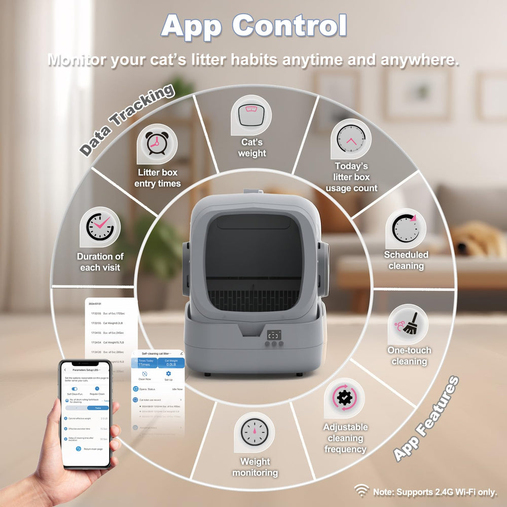 UPFAS litter box app control and weight monitoring enabling real-time insights.