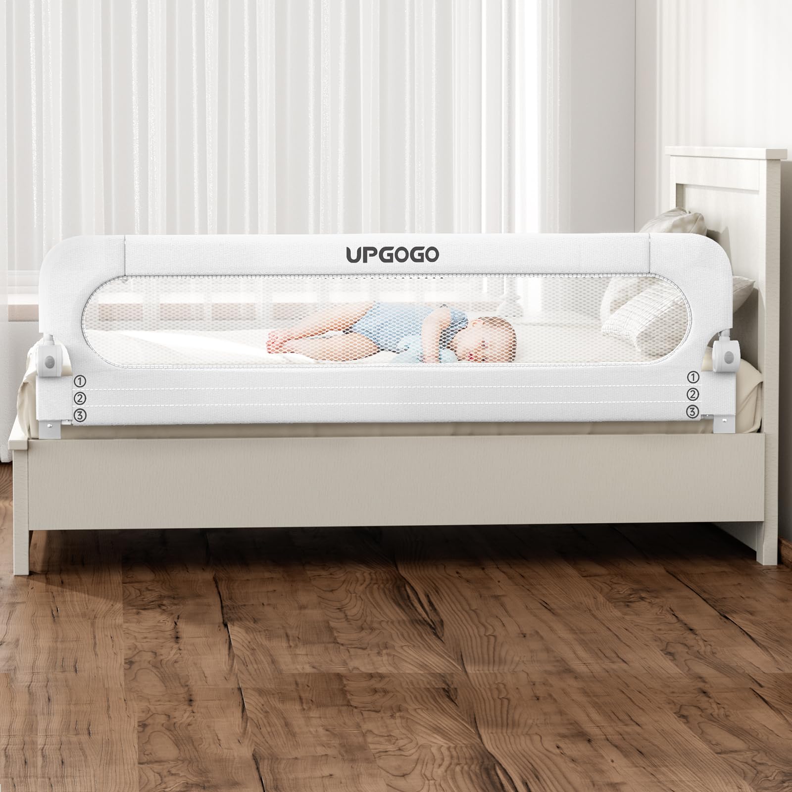 UPGOGO folding bed rail in closed position for secure sleep.