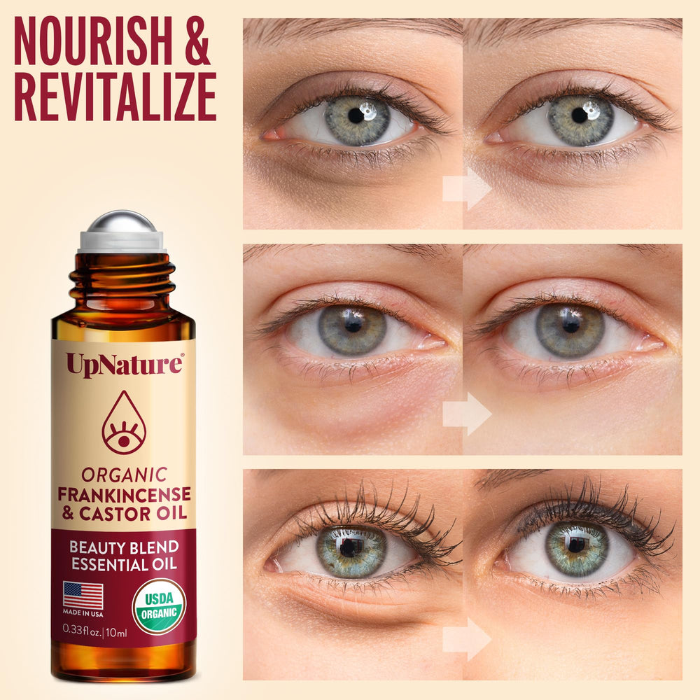 UpNature Beauty castor oil roll-on under-eye area for gentle nourishment.