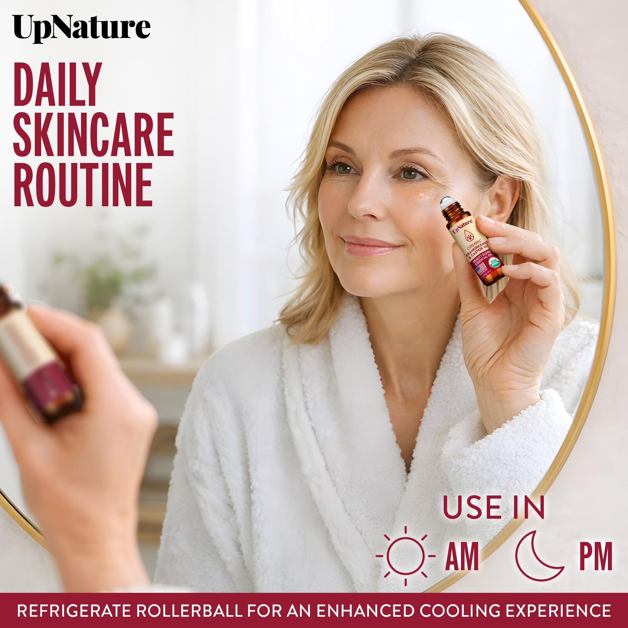 UpNature Beauty frankincense oil bottle highlights natural ingredients.