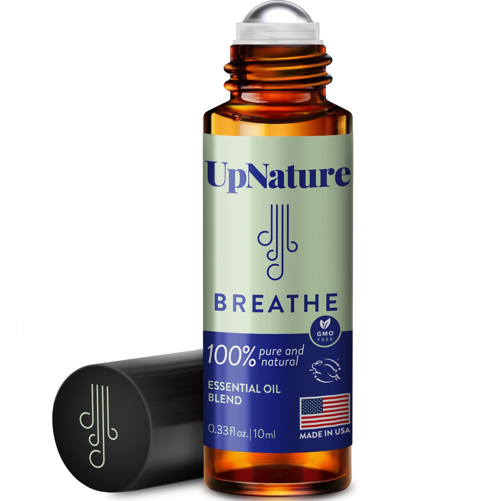 UpNature Breathe Roll-On bottle front view for on-the-go breathing support.