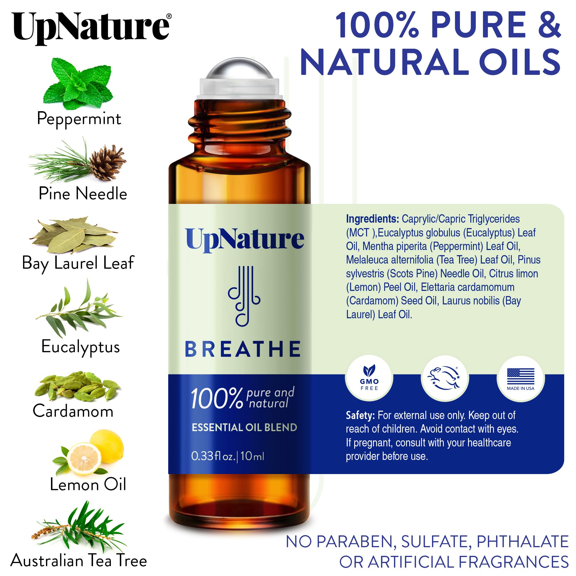UpNature Breathe Roll-On packaging highlighting natural ingredients.