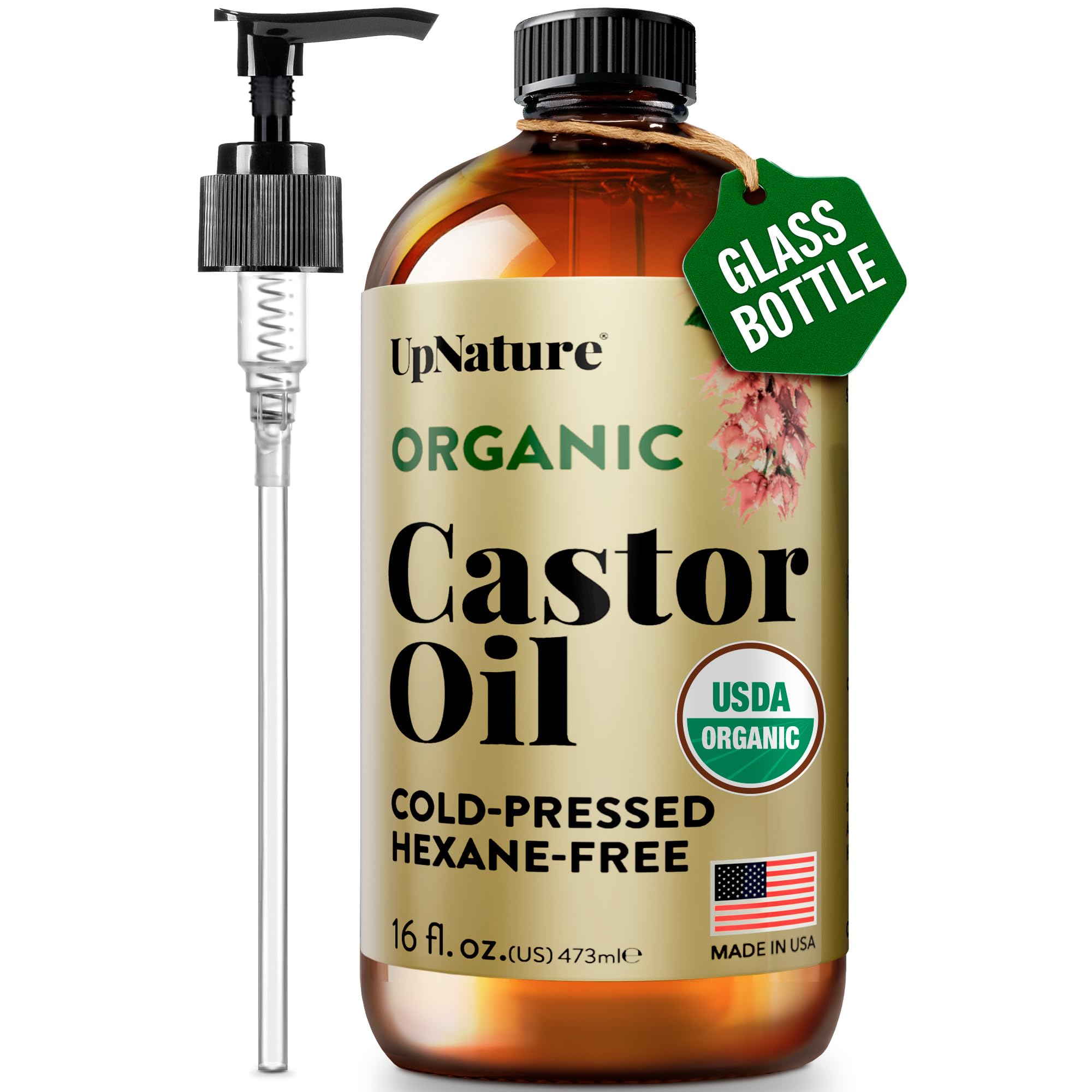 UpNature Castor Oil bottle with pump for easy facial and hair care.