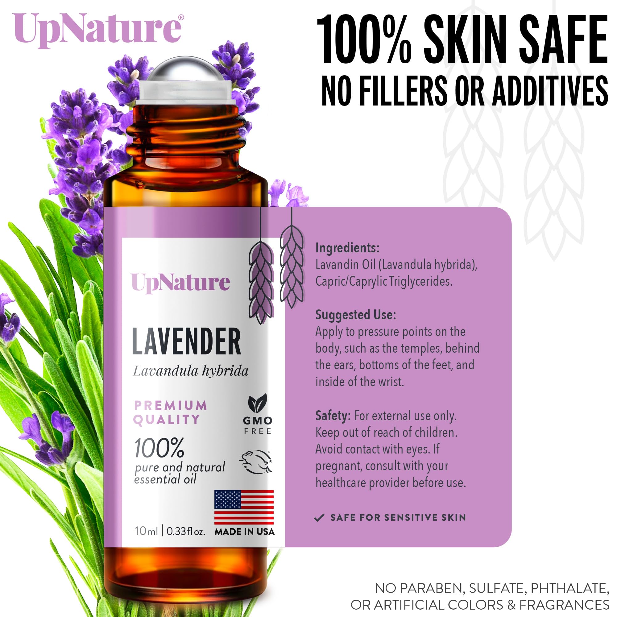 UpNature lavender roll-on packaging highlighting USA-made quality and freshness