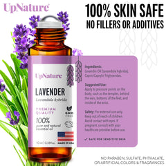 UpNature lavender roll-on packaging highlighting USA-made quality and freshness