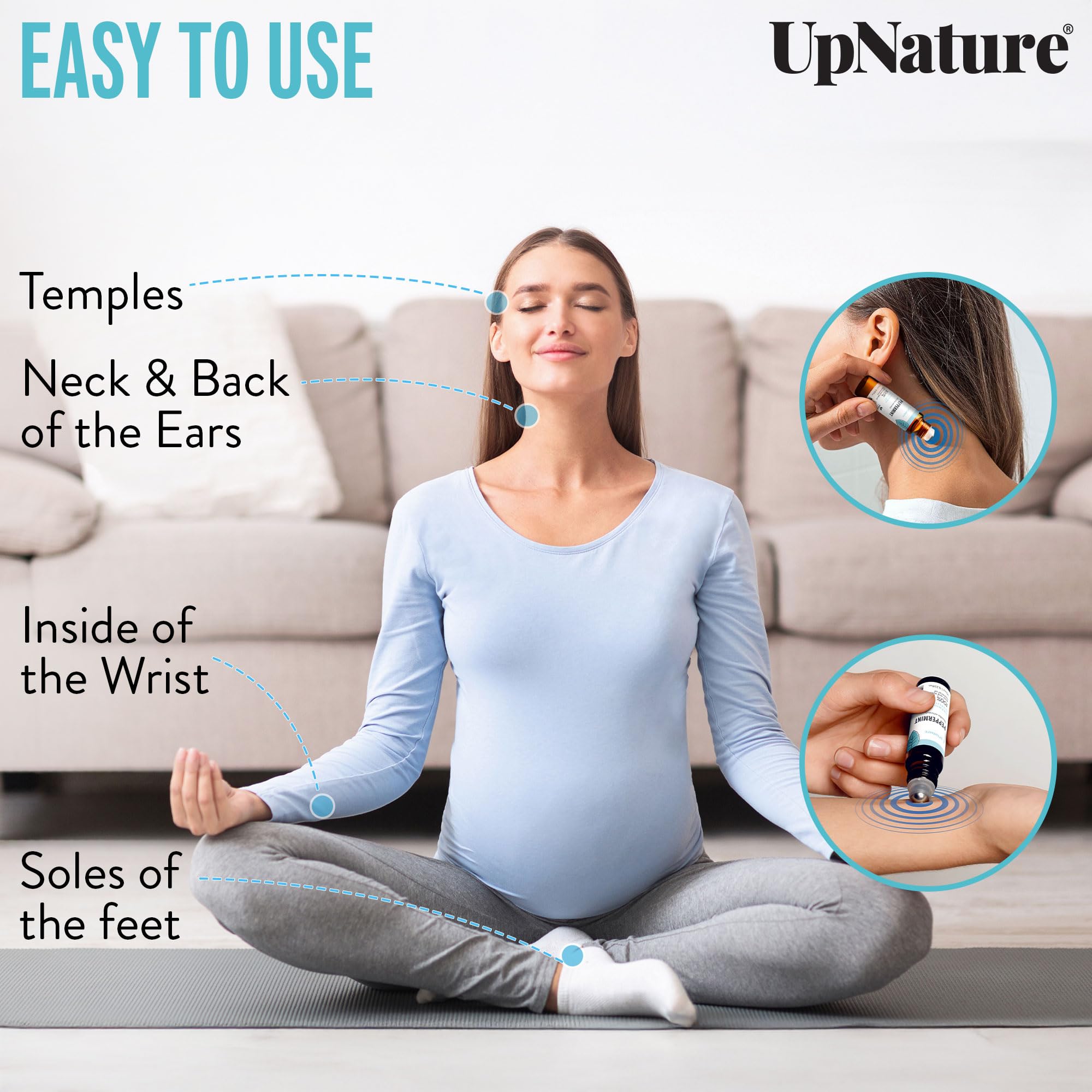 UpNature Peppermint Roll-On cap close-up highlights secure, travel-friendly design.