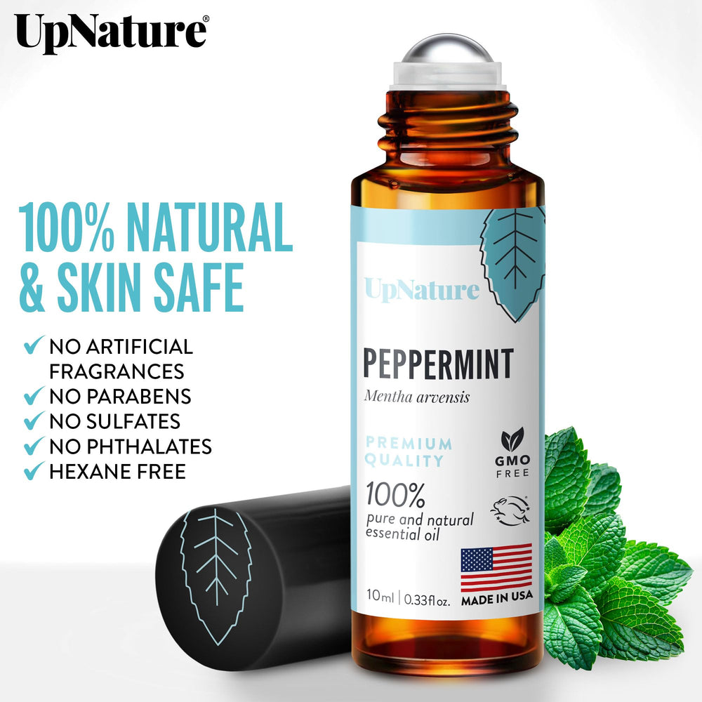 UpNature Peppermint Roll-On label detail shows ingredients and purity.