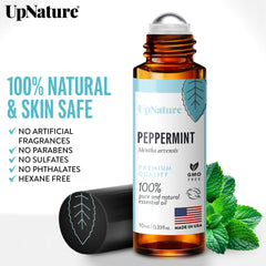 UpNature Peppermint Roll-On label detail shows ingredients and purity.