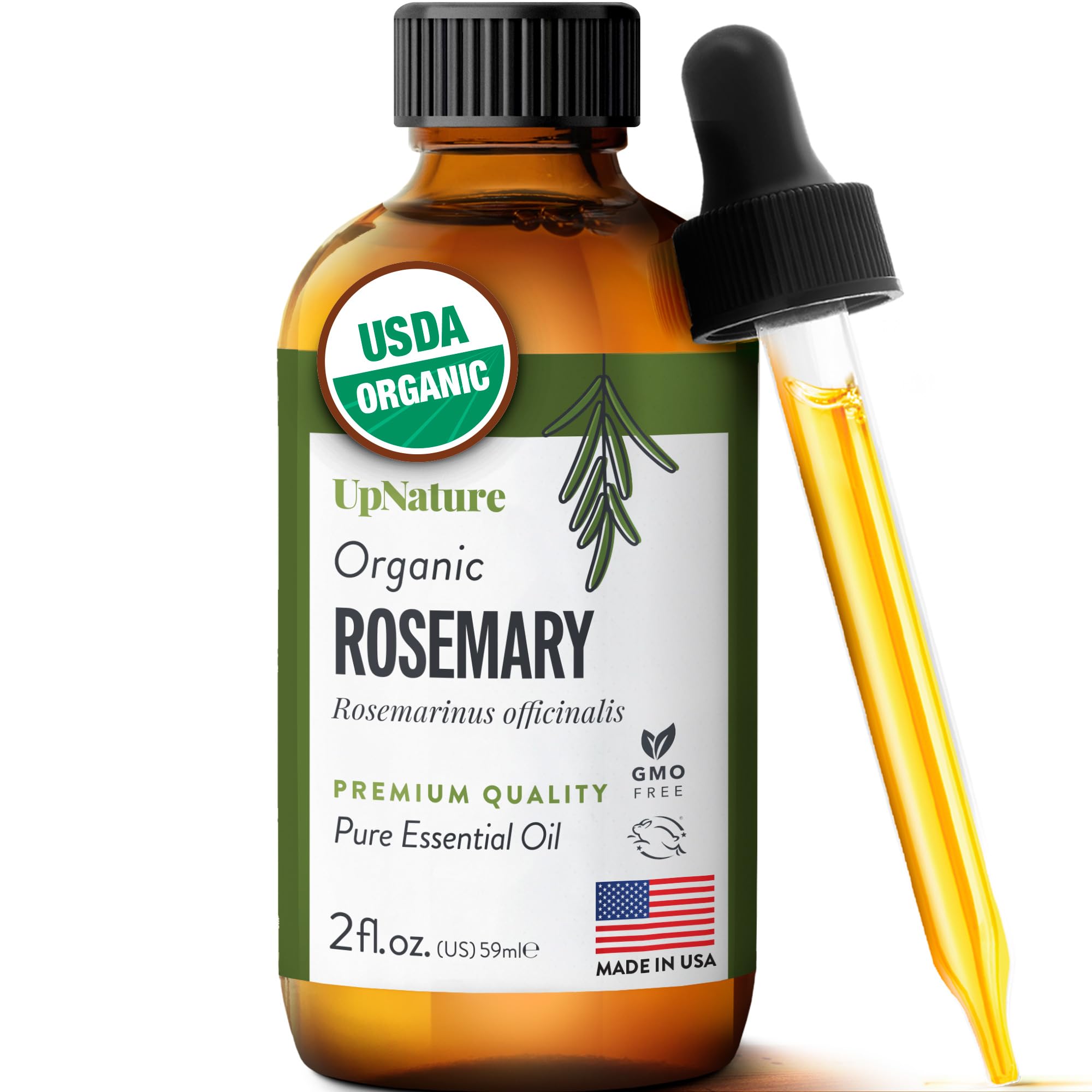 UpNature Rosemary Oil bottle close-up showing pure botanical quality for hair care