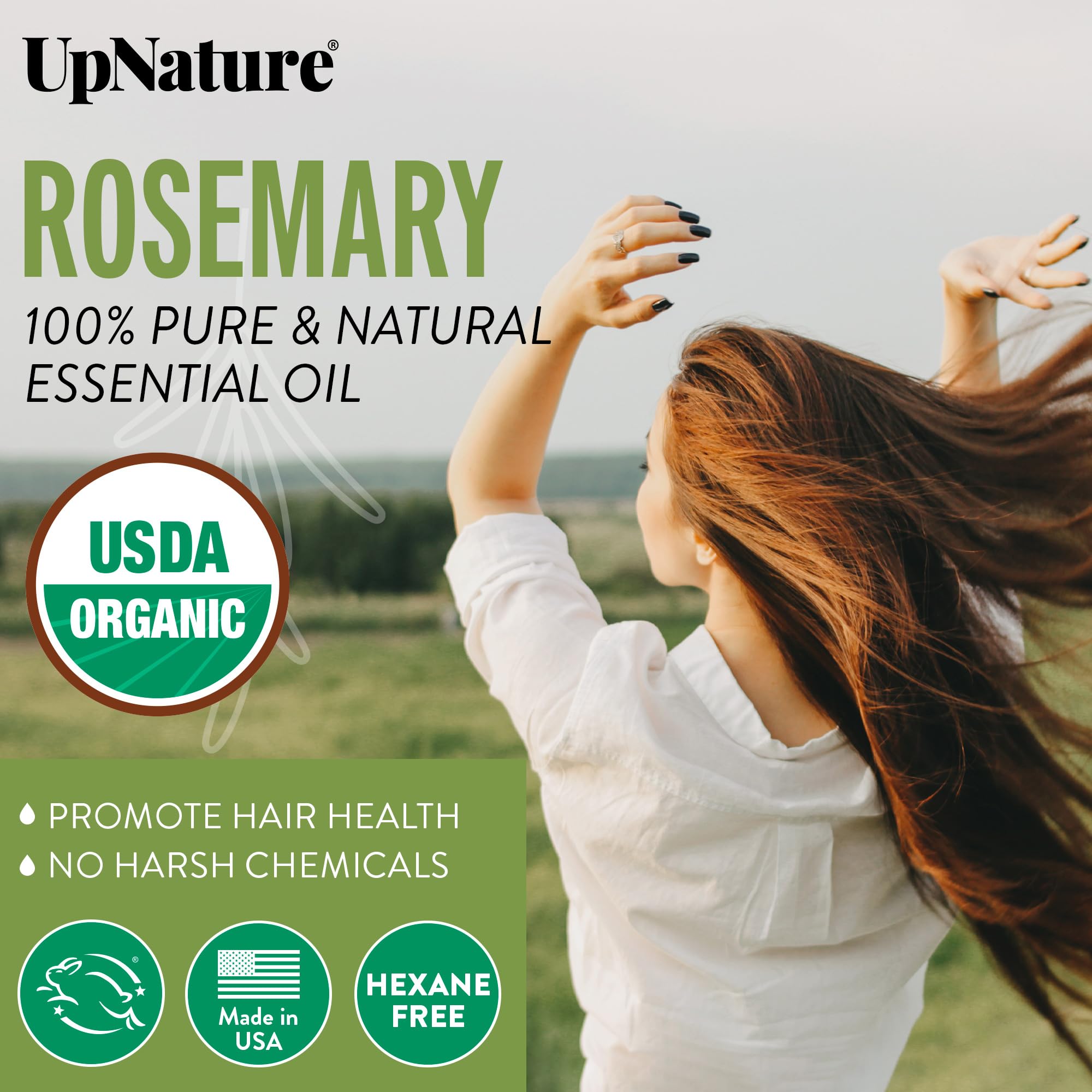 UpNature Rosemary Oil dropper ready to blend with shampoo or carrier oil for routine