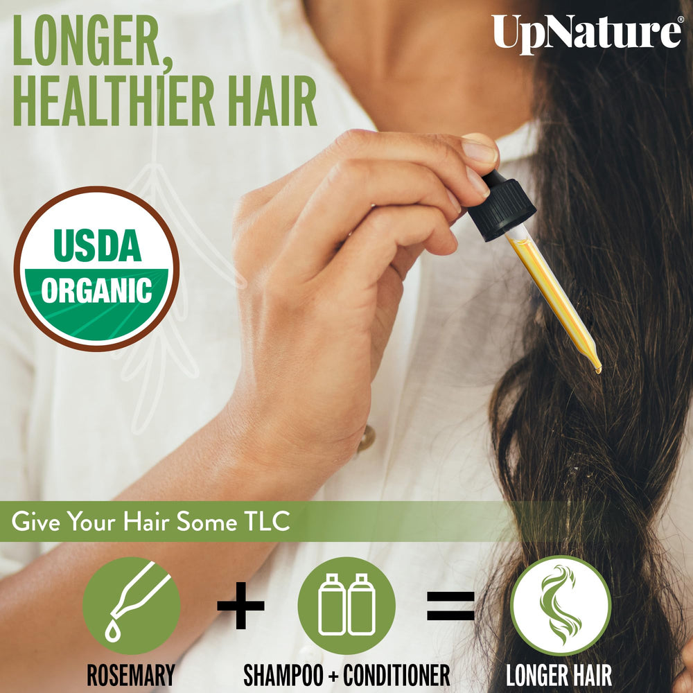 UpNature 2oz rosemary oil bottle and USA-made cruelty-free packaging