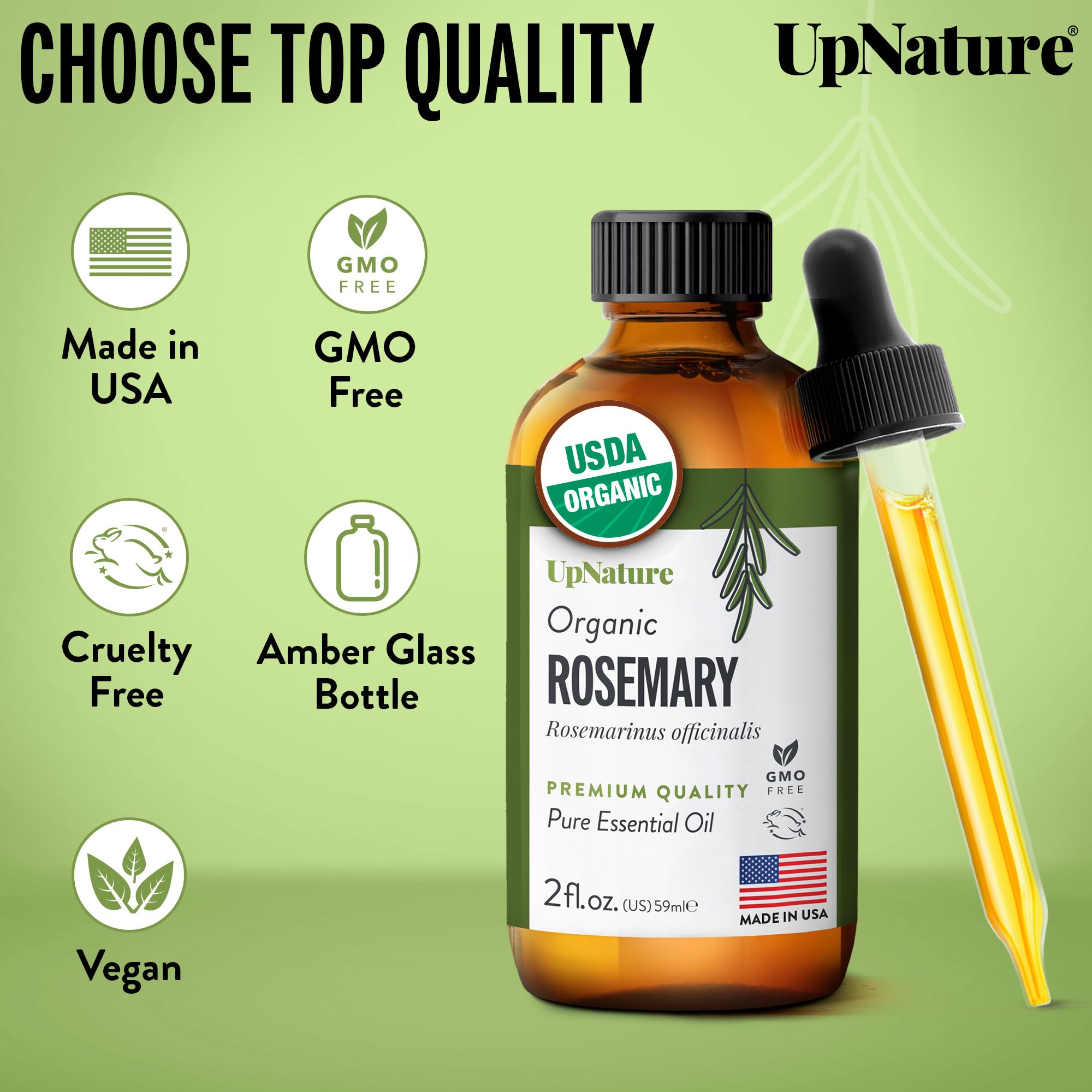 UpNature rosemary oil bottle in display showing premium herbal product benefits