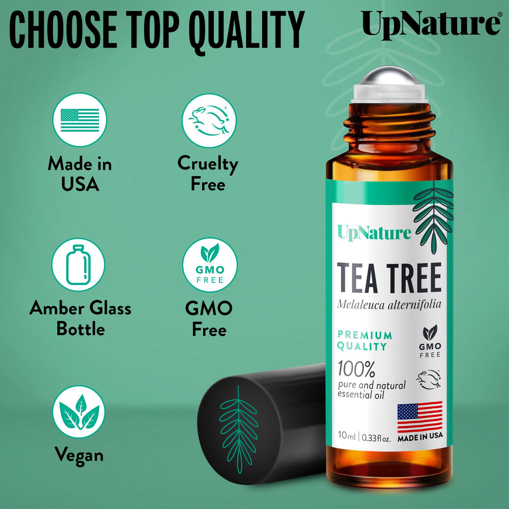UpNature Tea Tree Roll-On packaging design and label details.