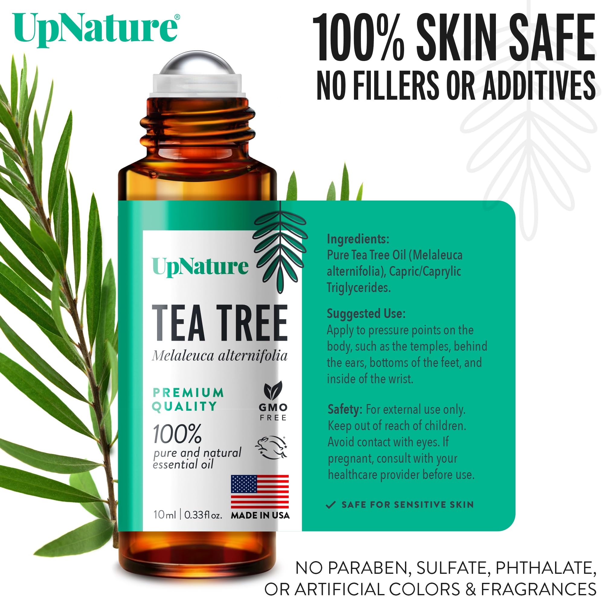 UpNature Tea Tree Roll-On applied to skin for clear, balanced complexion.
