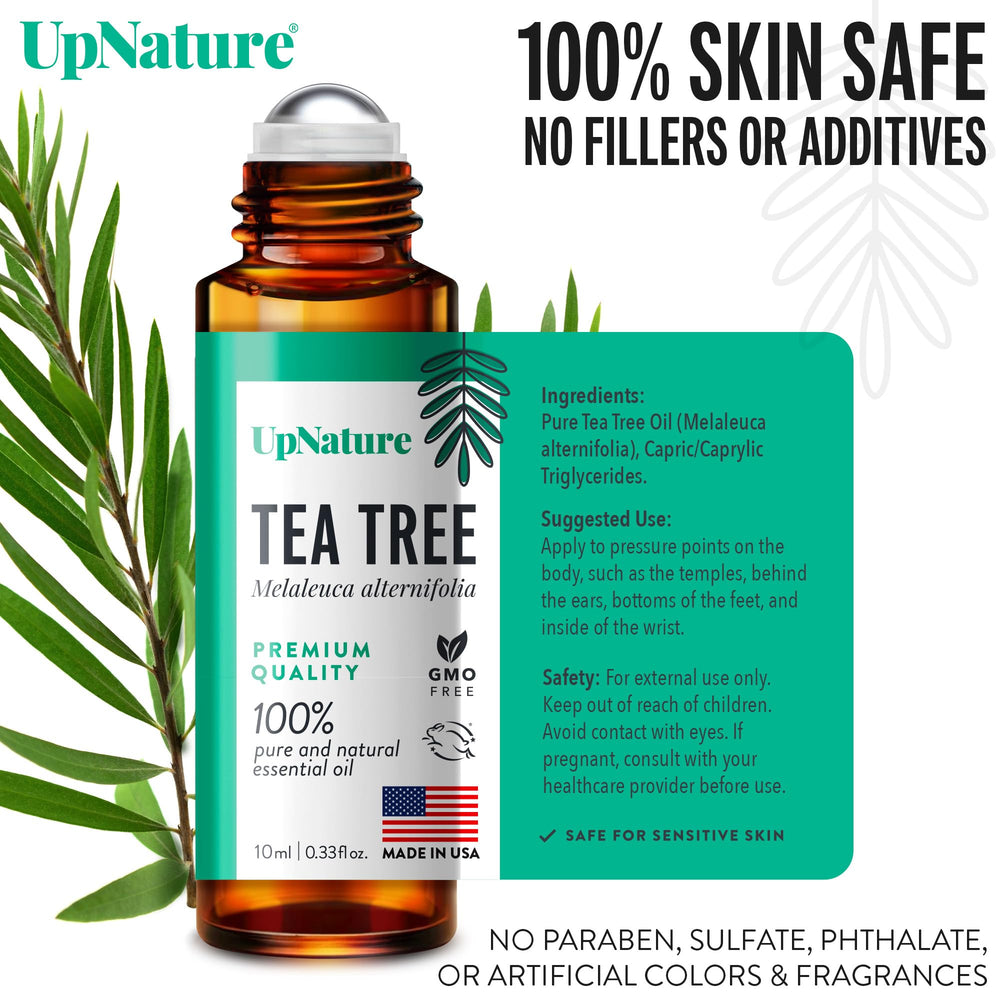 UpNature Tea Tree Roll-On applied to skin for clear, balanced complexion.