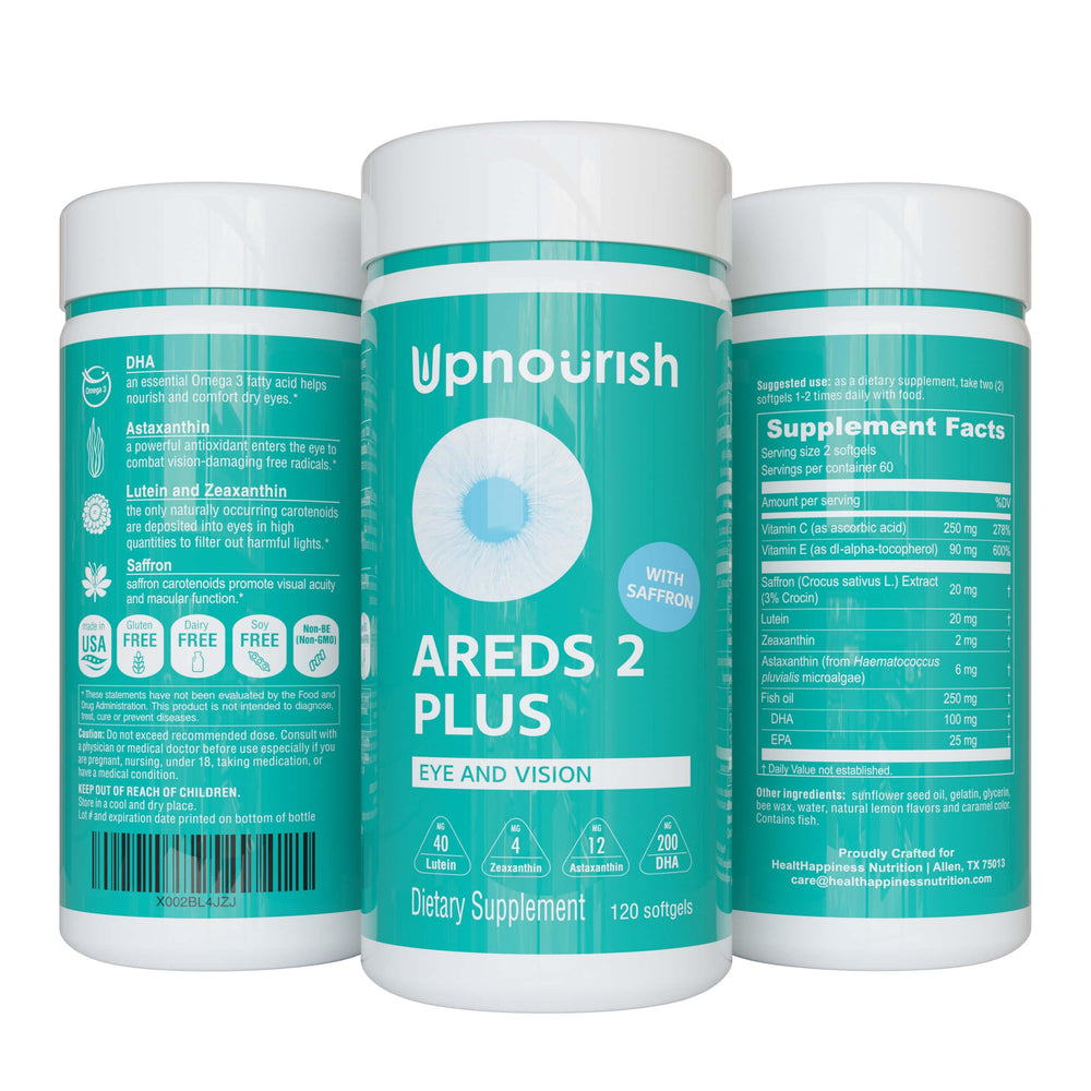 UpNourish AREDS2 Plus bottle front with zinc-free formula for gentle digestion.