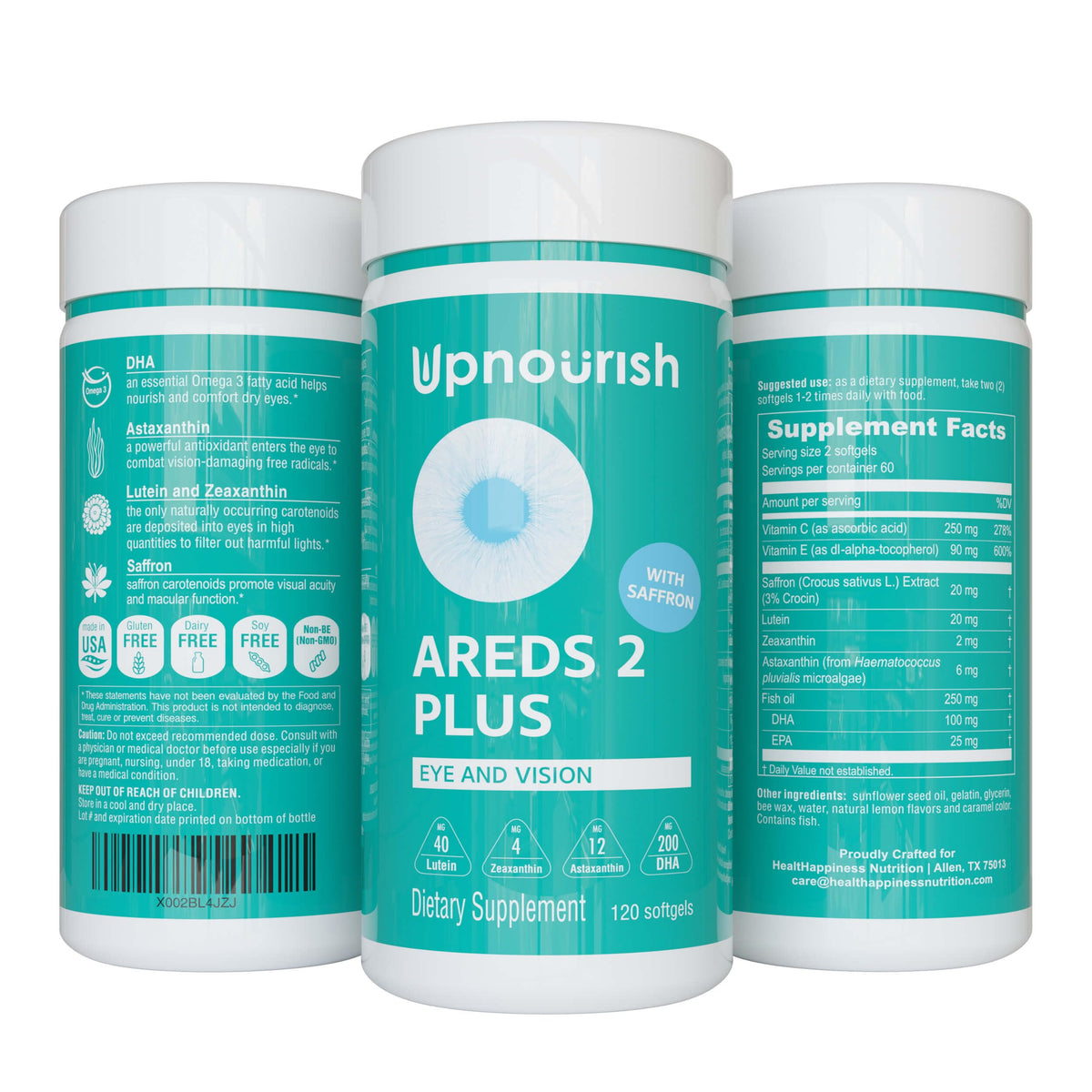 UpNourish AREDS2 Plus bottle front with zinc-free formula for gentle digestion.