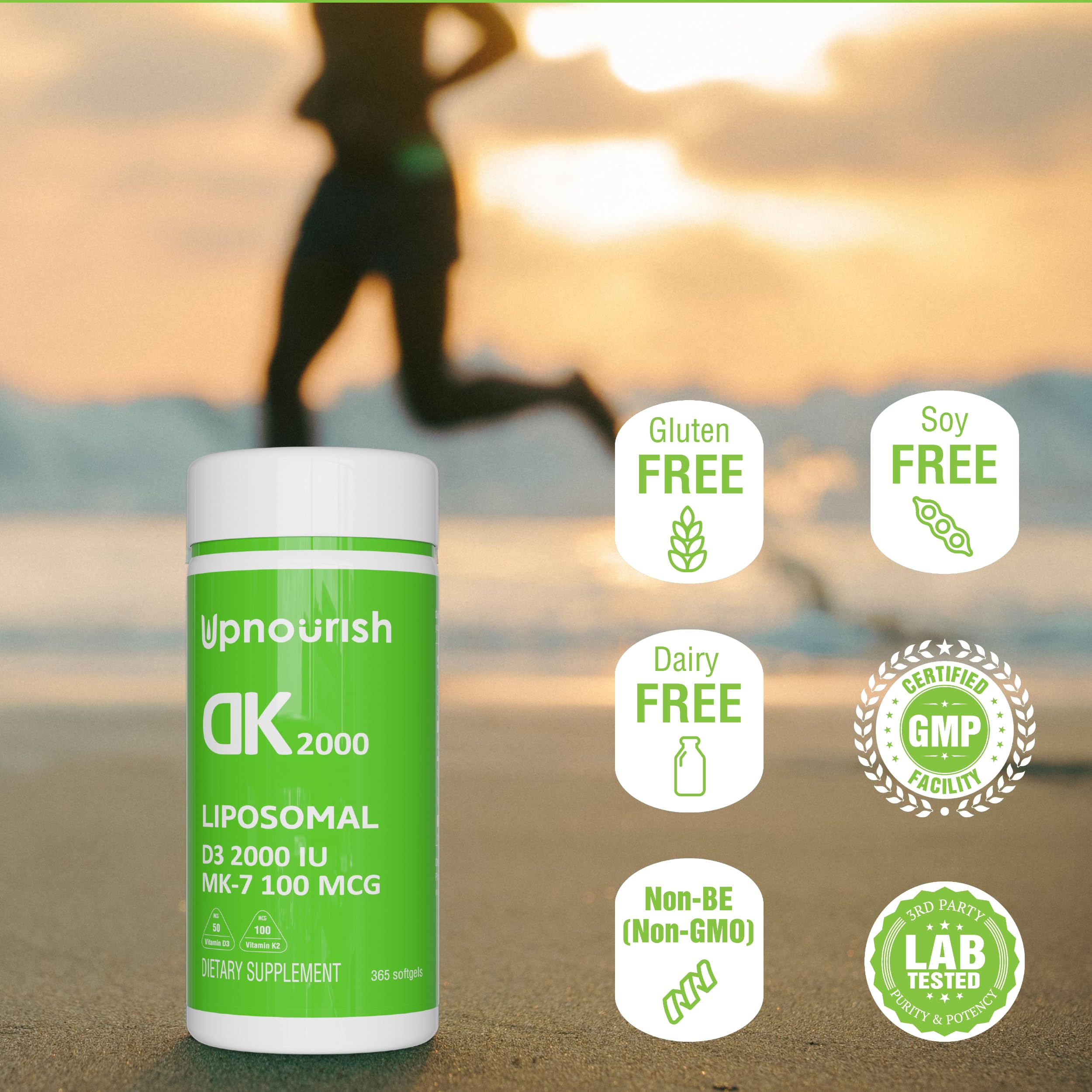 UpNourish bottle showing 365 softgels for yearly supply
