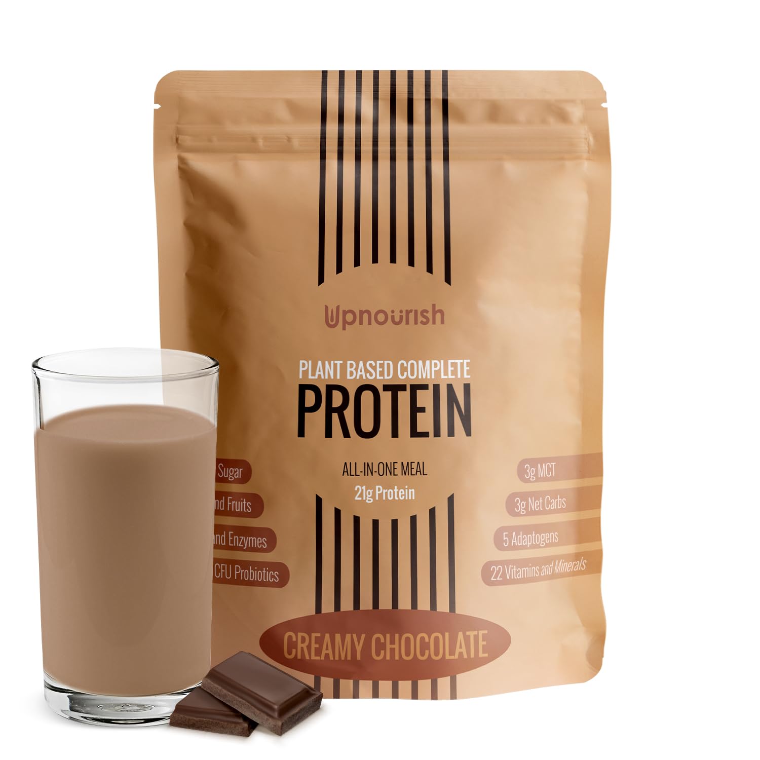 UpNourish chocolate vegan protein powder tub offers creamy meal replacement.