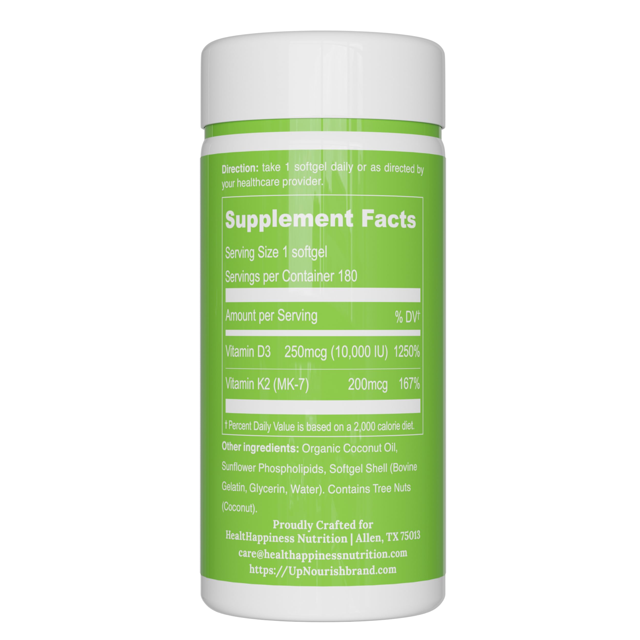 UpNourish D3 K2 softgel being poured, convenient daily vitamin option.