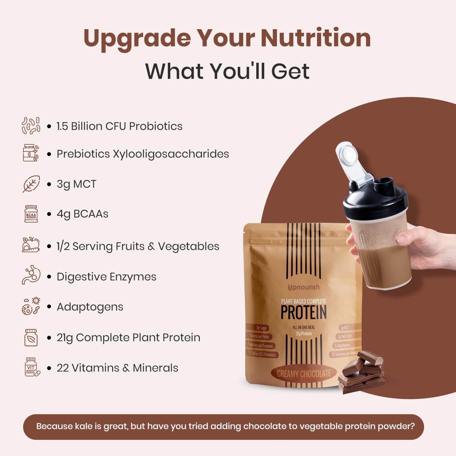 Dairy-free and no sugar badge on UpNourish packaging.