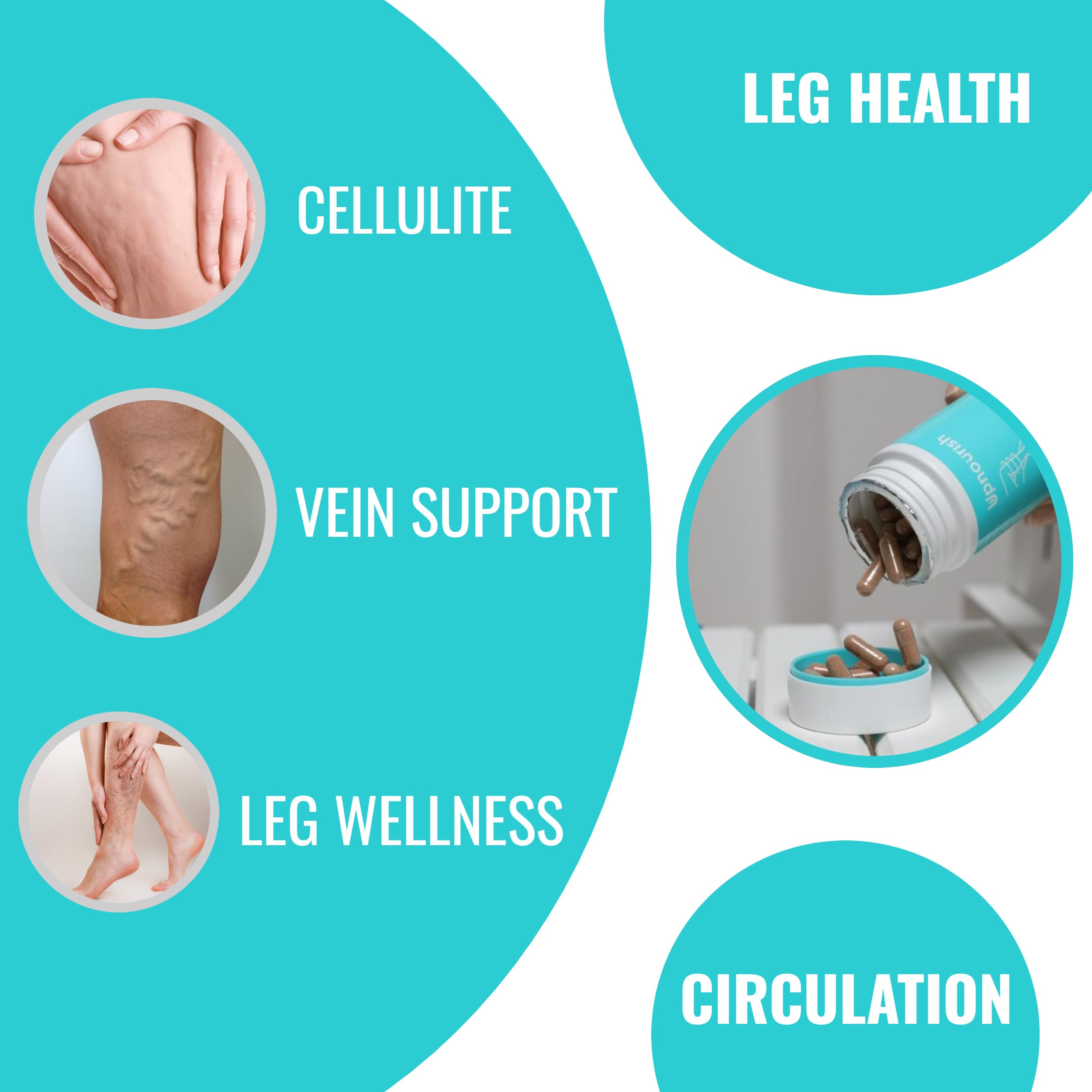 UpNourish leg wellness capsule closeup suggesting daily leg support and balance