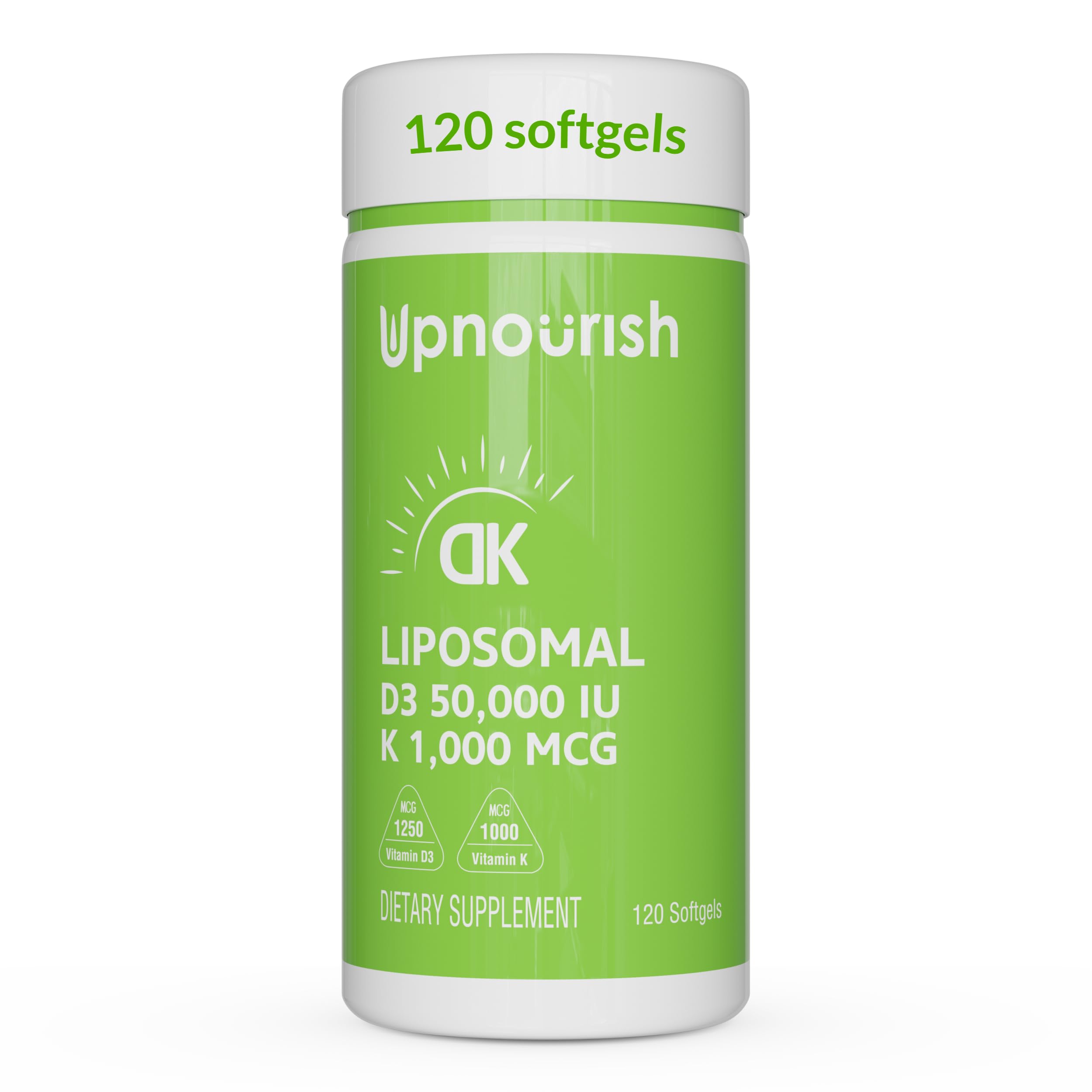 UpNourish Liposomal D3 K2 bottle highlighting high dose weekly support