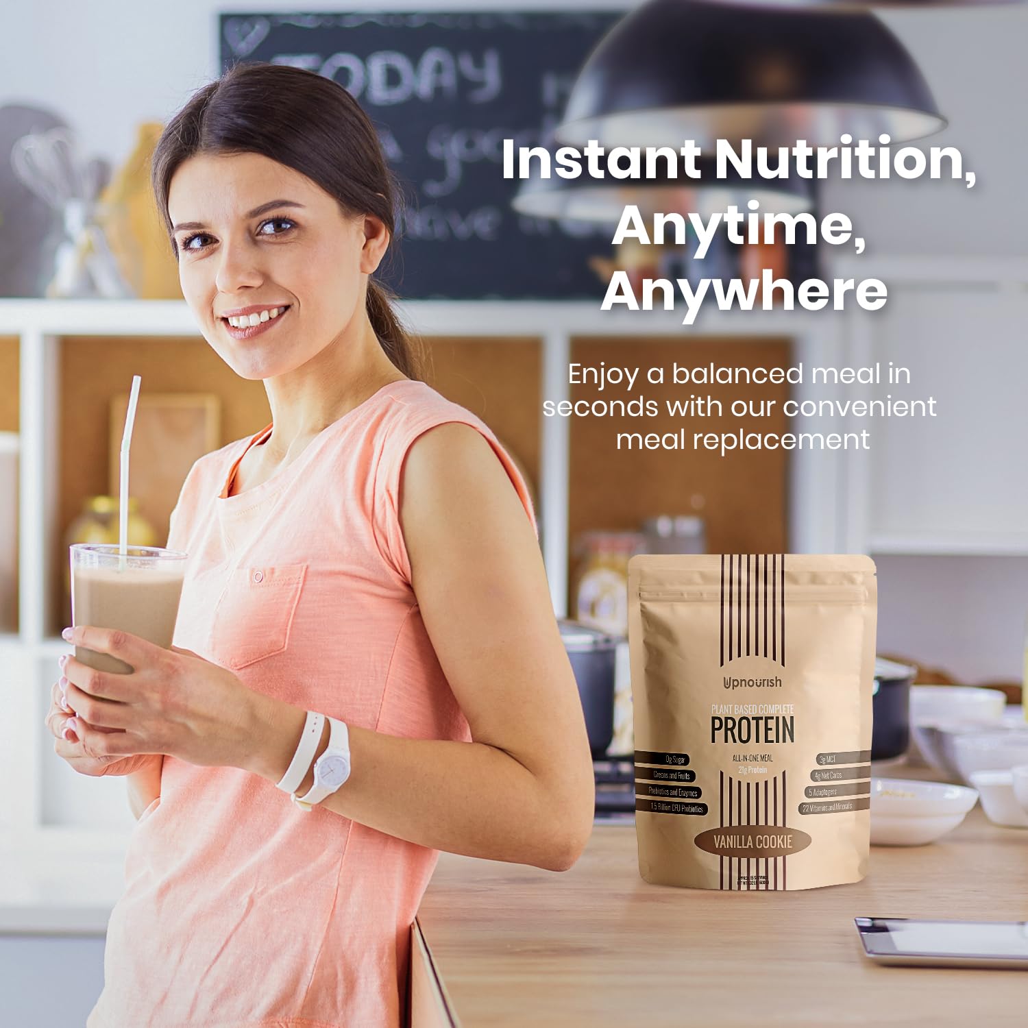 UpNourish packaging on kitchen counter ideal for on-the-go meals.