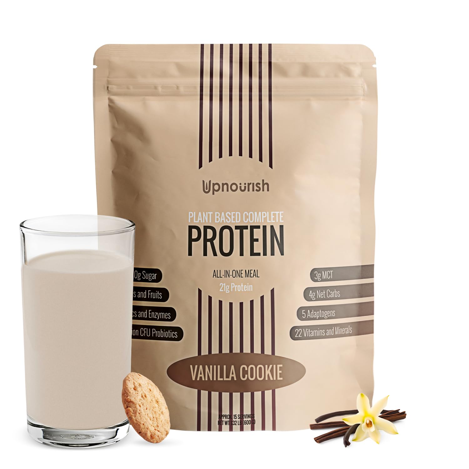 UpNourish Vanilla Cookie vegan protein powder jar with 54 superfoods for daily nutrition.