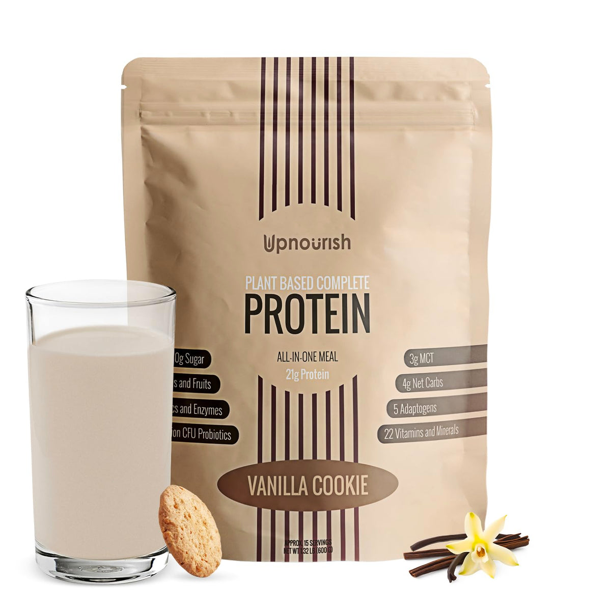 UpNourish Vanilla Cookie vegan protein powder jar with 54 superfoods for daily nutrition.