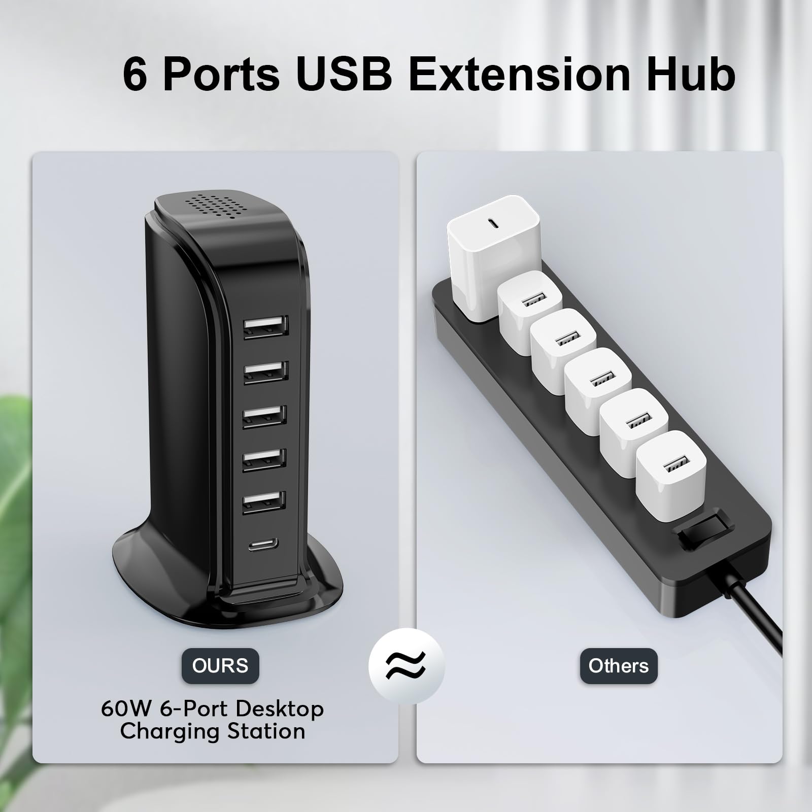 Upoy 6-port USB charger block side view highlights portability for travel and office.