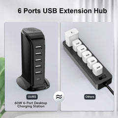 Upoy 6-port USB charger block side view highlights portability for travel and office.